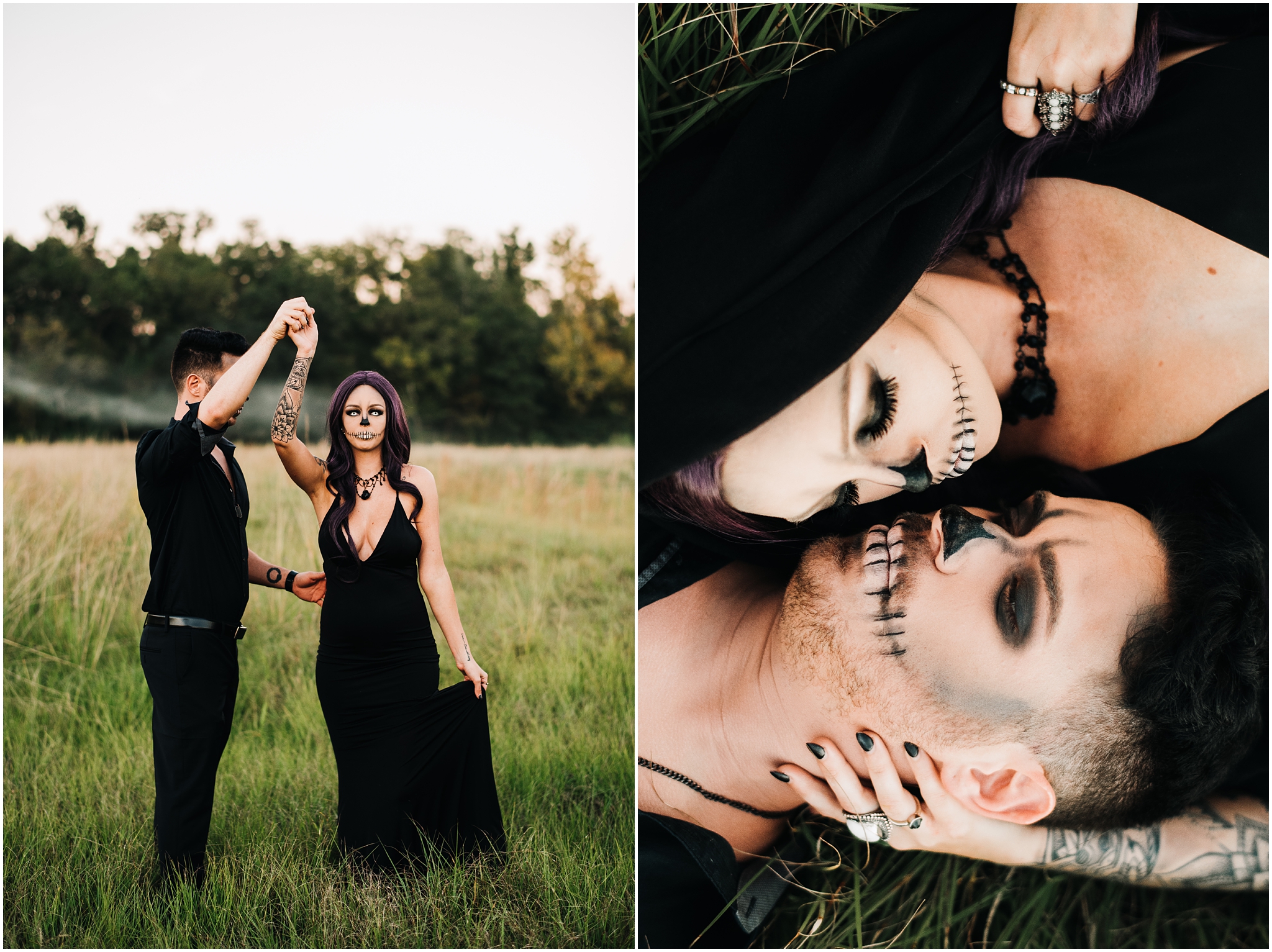 A Spooky Skeleton Halloween Session photographed by Magnolia and Grace Photography in Baton Rouge, Louisiana at LSU Rural Life Museum. A Skeleton Couple with creepy vibes in a beautiful fall setting.