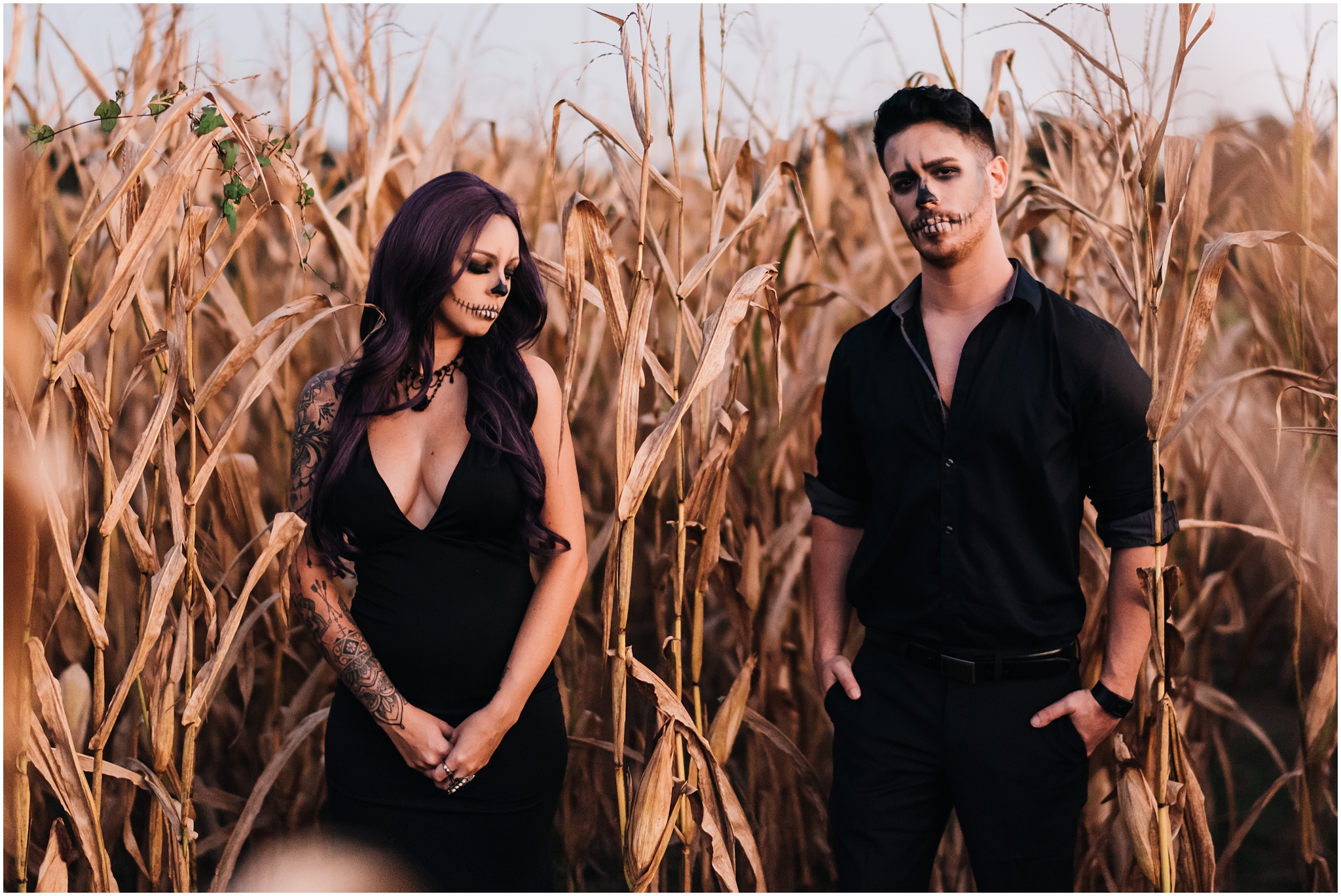 A Spooky Skeleton Halloween Session photographed by Magnolia and Grace Photography in Baton Rouge, Louisiana at LSU Rural Life Museum. A Skeleton Couple with creepy vibes in a beautiful fall setting.