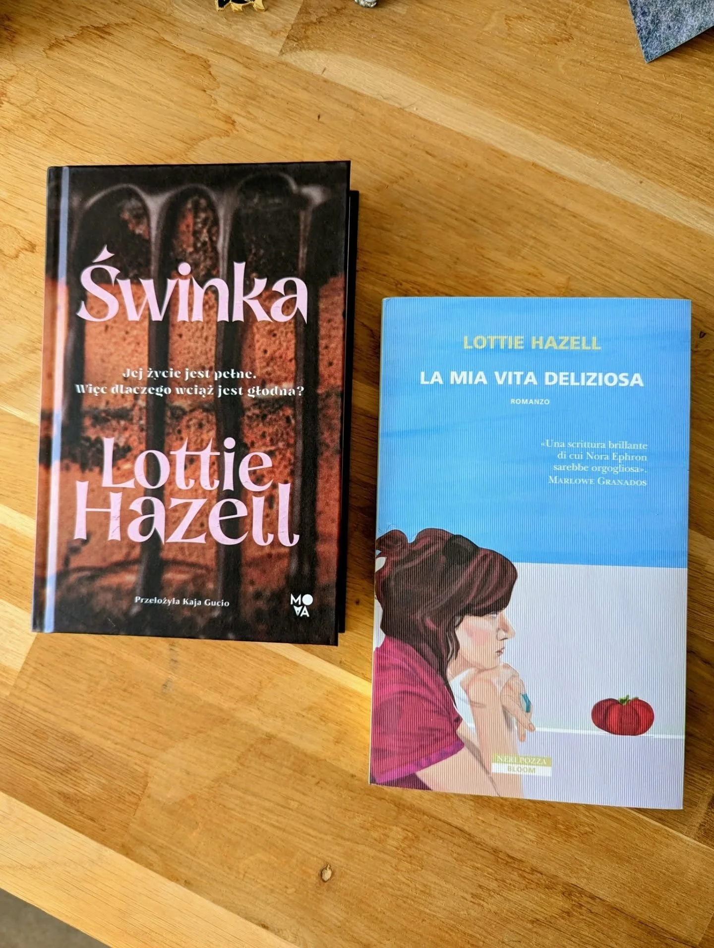 Polish and Italian editions of #PIGLET 🇵🇱🇮🇹 Claustrophobic drip icing! A stark tomato! My words parsed into other languages! All a thrill to see as I go about the quiet business of putting the finishing touches on book two.