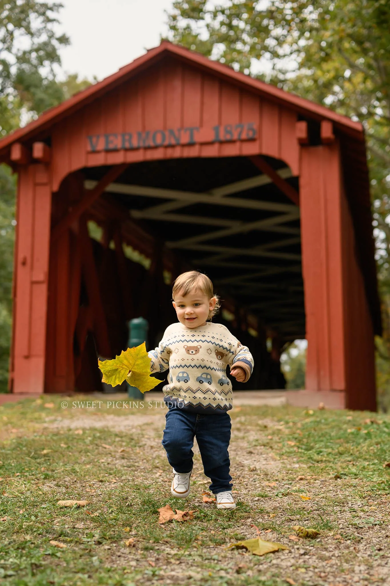 Kokomo, Indiana Fall Family Photography at Highland Park for Mommy and Son by red covered bridge over Wildcat Creek by Sweet Pickins Studio photographer Amanda Wilson ©