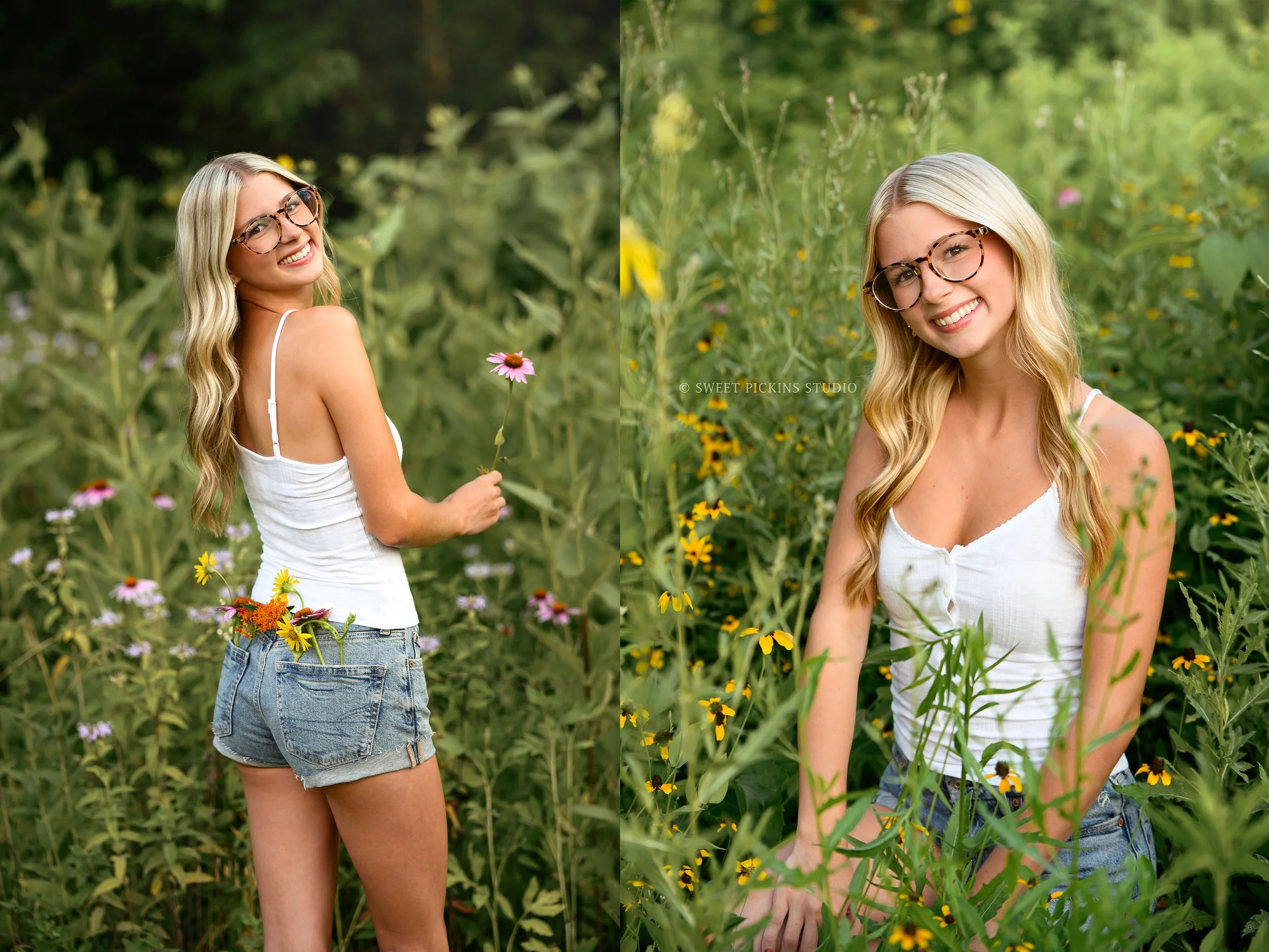 Peru, Indiana summer senior photography for class of 2027 senior girl KYREE in wild flower field in white tank top and denim shorts by Sweet Pickins Studio photographer Amanda Wilson ©