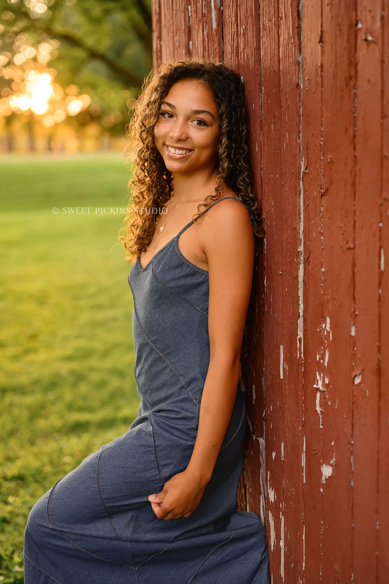Madeline | Country Senior Girl Photography for Class of 2027 wearing denim jean dress by Peru Indiana Senior  photographer Amanda Wilson of Sweet Pickins Studio ©