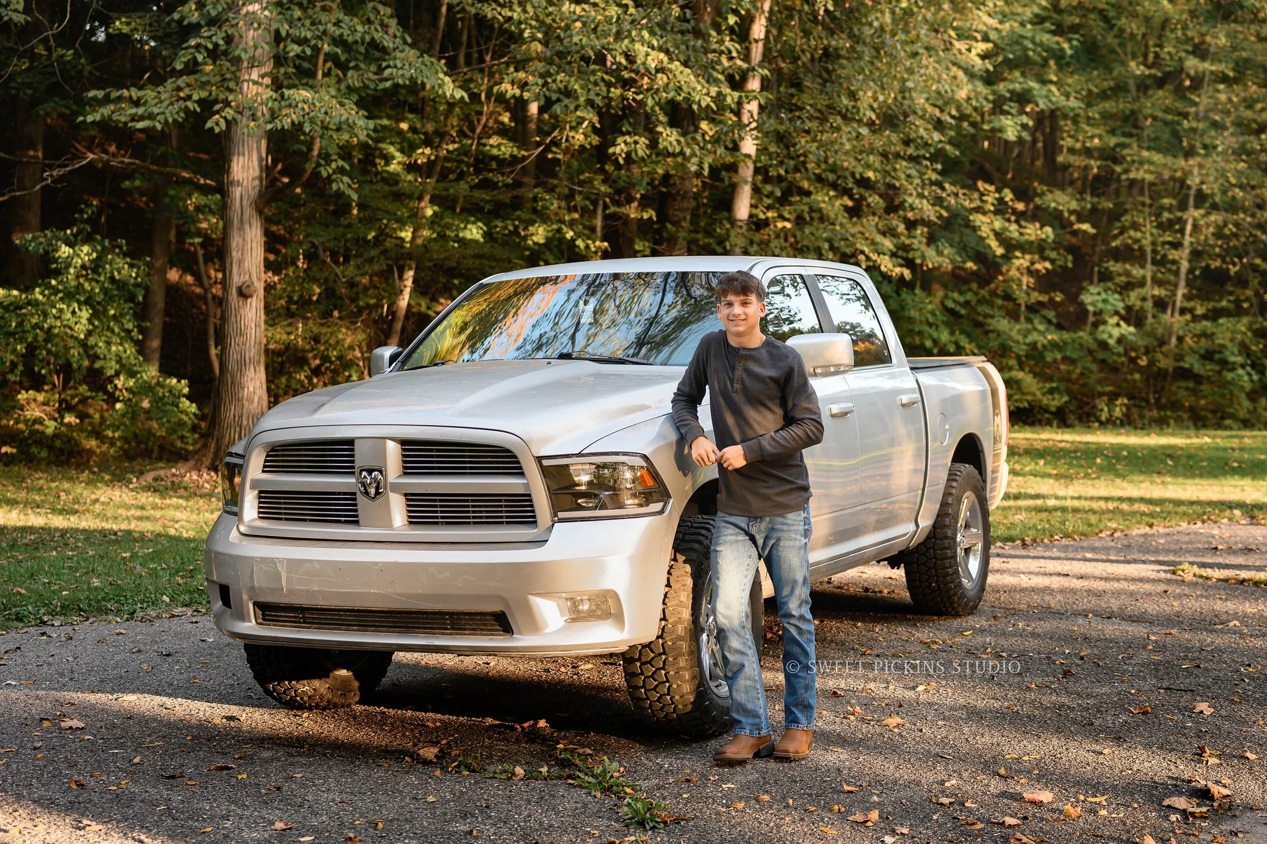 Cohen's Peru Indiana Fall Senior Photography at Maconaquah Park for class of 2027 senior guy with truck by Sweet Pickins Studio senior photographer Amanda Wilson ©