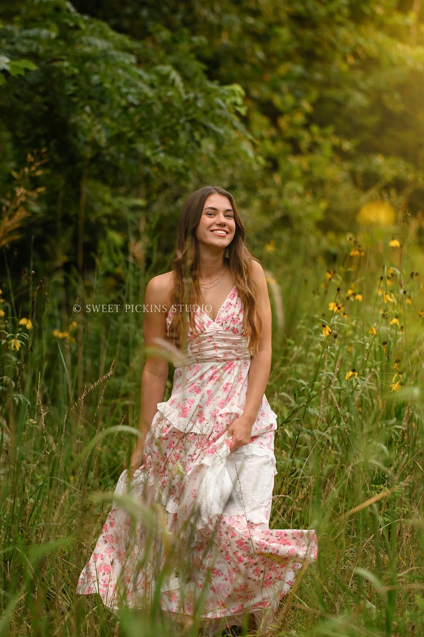 Taylor | Indiana Senior Girl Photography for class of 2027 senior wearing pink floral maxi dress by Sweet Pickins Studio senior photographer Amanda Wilson ©