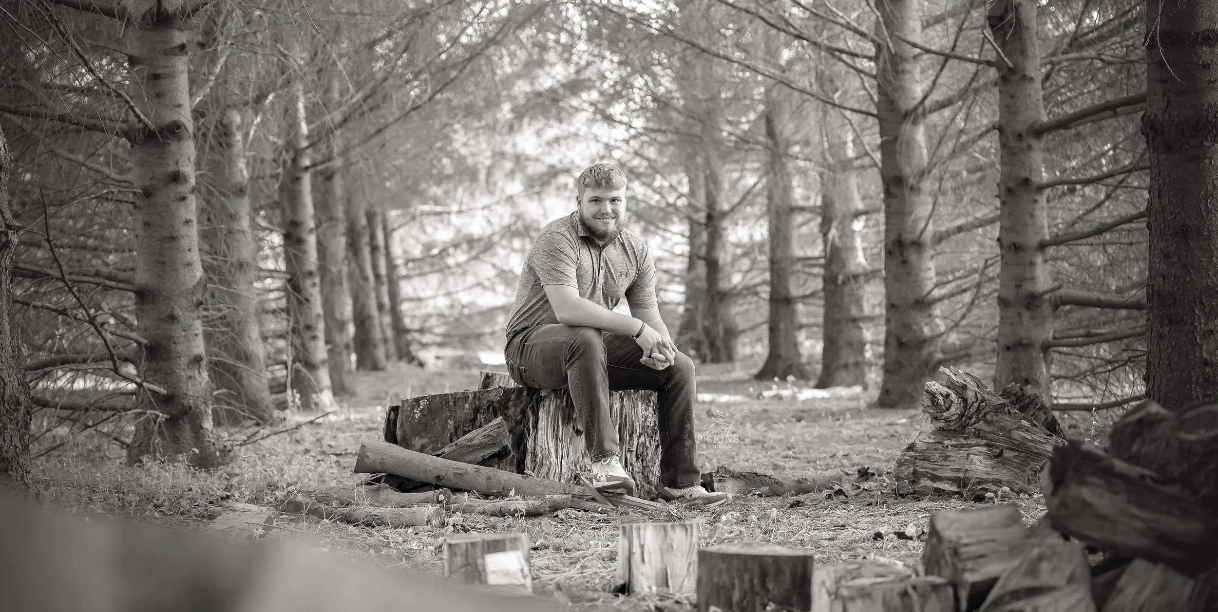 Black and White Senior Photo | Forest Trees in Sunset Light