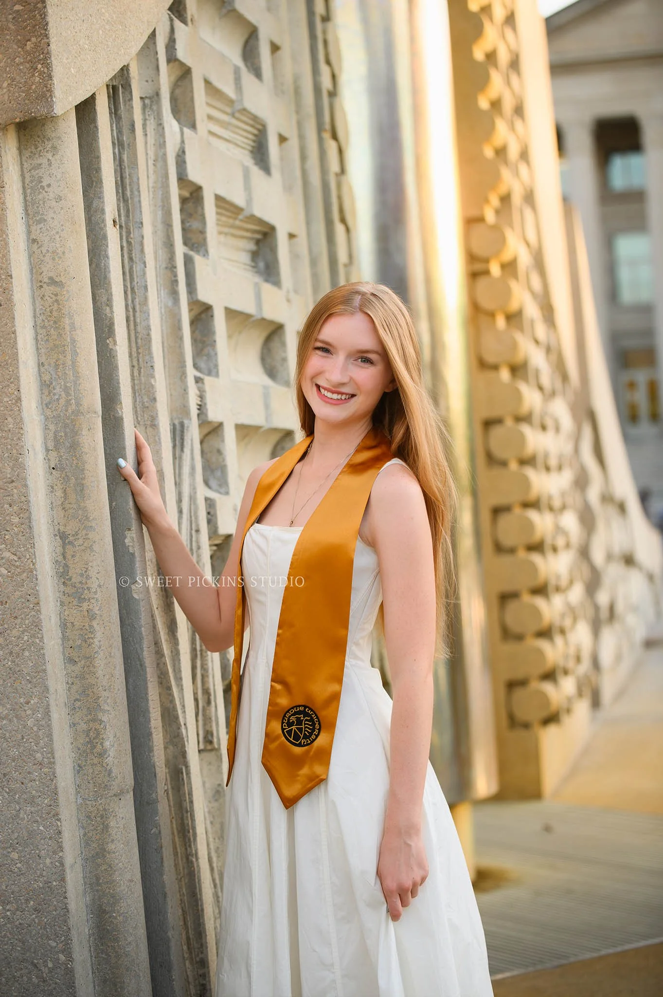 Maggie’s Purdue University Graduation Portrait in West Lafayette, Indiana at Engineering Fountain by Sweet Pickins Studio senior photographer Amanda Wilson ©