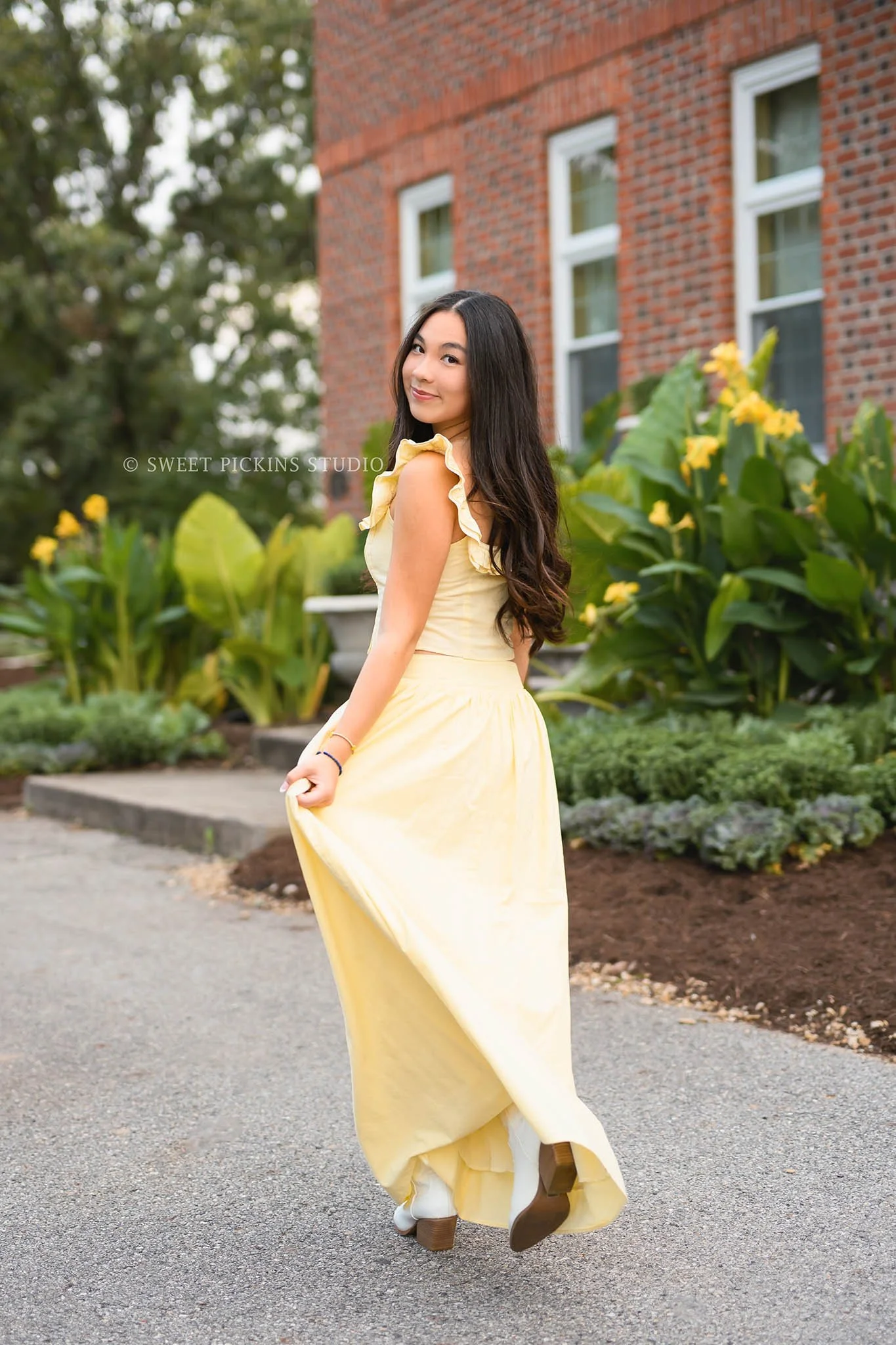 Nora | Carmel, Indiana Senior Girl Photography in Fall yellow flowers wearing yellow skirt set for Park Tudor Class of 2027 by Sweet Pickins Studio senior photographer Amanda Wilson ©