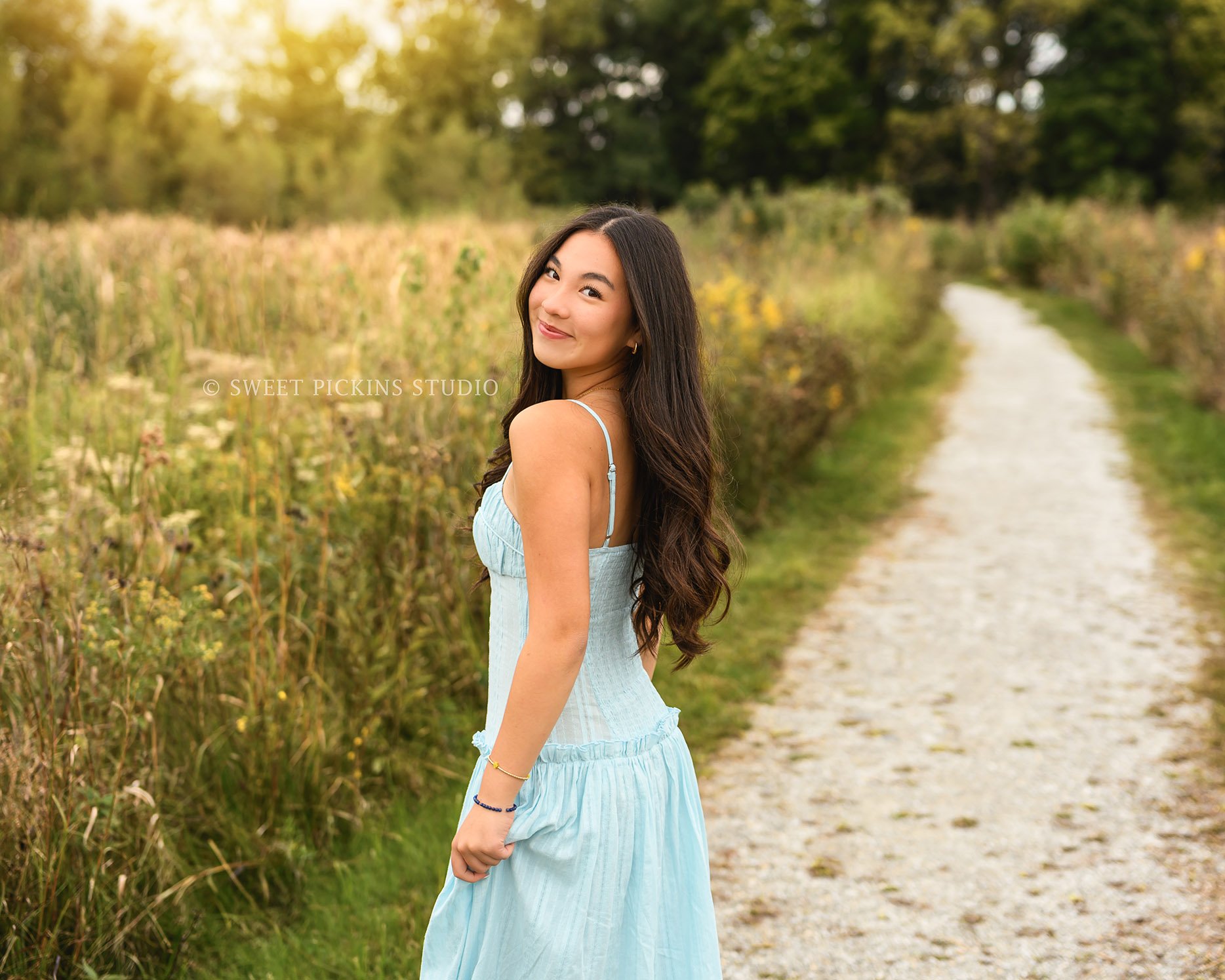 Nora | Carmel, Indiana Senior Girl Photography in Fall for Park Tudor class of 2027 senior girl in autumn field with flowers wearing blue dress by Sweet Pickins Studio senior photographer Amanda Wilson ©