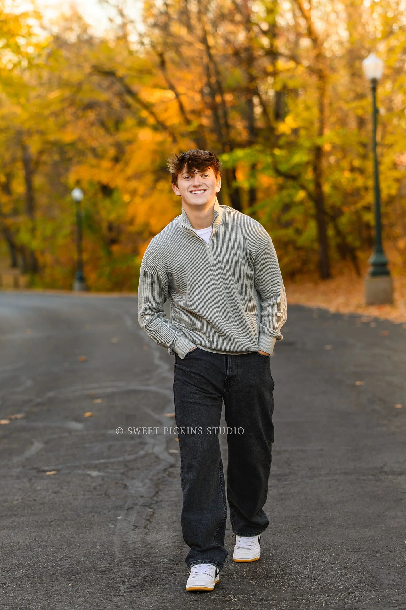 Noblesville, Indiana Senior Guy Portrait Photography in Fall Trees by Sweet Pickins Studio senior photographer Amanda Wilson ©