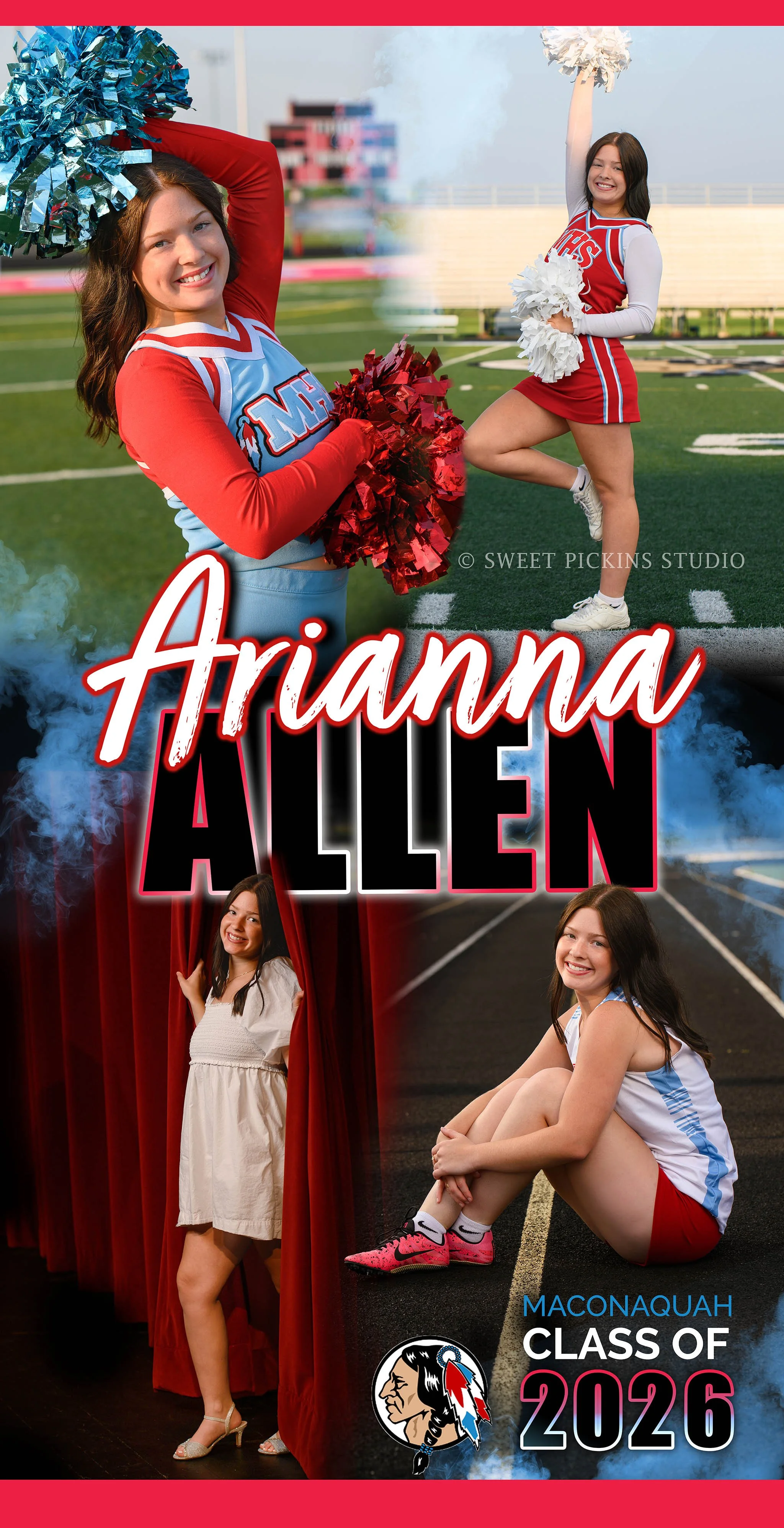 Bunker Hill, Indiana senior photographer creates girls cheerleading, track and field, and theater sports banner composite with senior sports photography by Sweet Pickins Studio ©