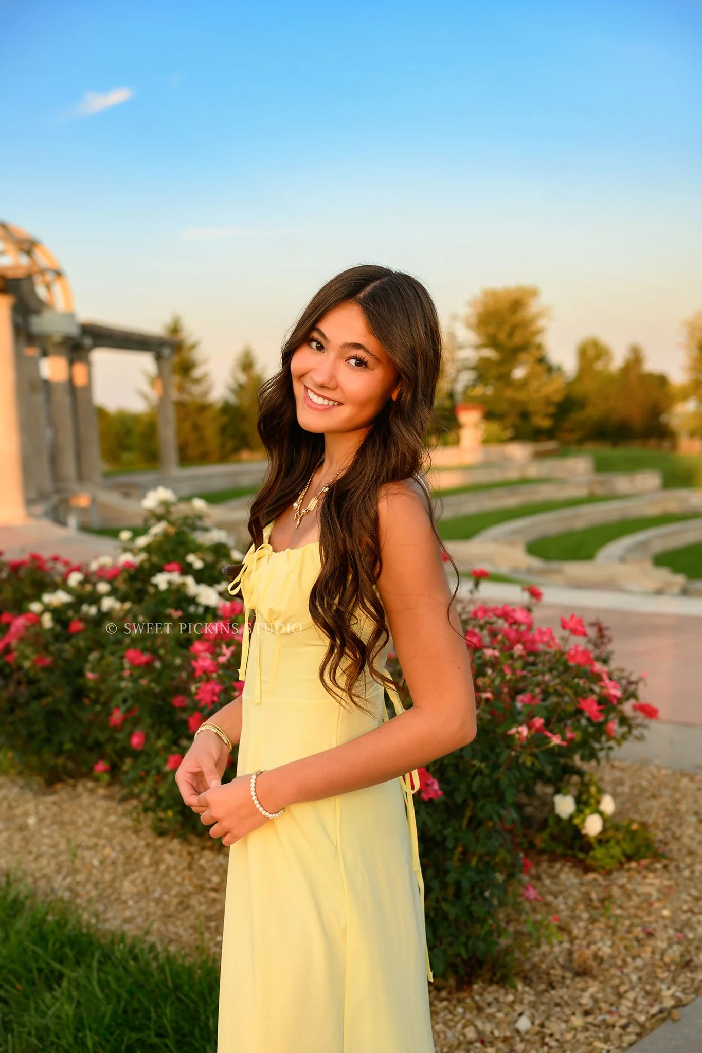 Rachel | Carmel, Indiana Senior Photography in Flower Garden for Class of 2027 senior girl wearing yellow dress in roses by Sweet Pickins Studio senior photographer Amanda Wilson ©