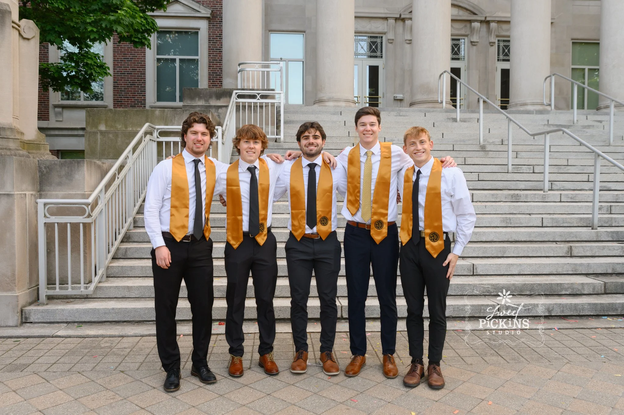 Purdue University Graduation Photography for Five Guy Roommates in Cap and Gown at Hovde Hall steps on college campus by Sweet Pickins Studio senior photographer Amanda Wilson ©