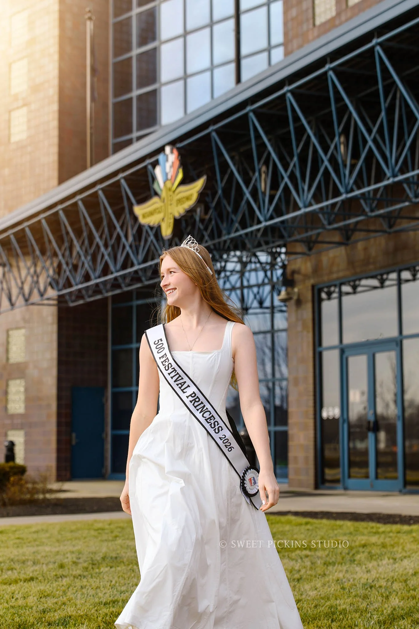 Speedway, Indiana Portrait Photography for Indy 500 Princess at Indianapolis Motor Speedway racetrack wearing tiara and sash by Sweet Pickins Studio photographer Amanda Wilson ©