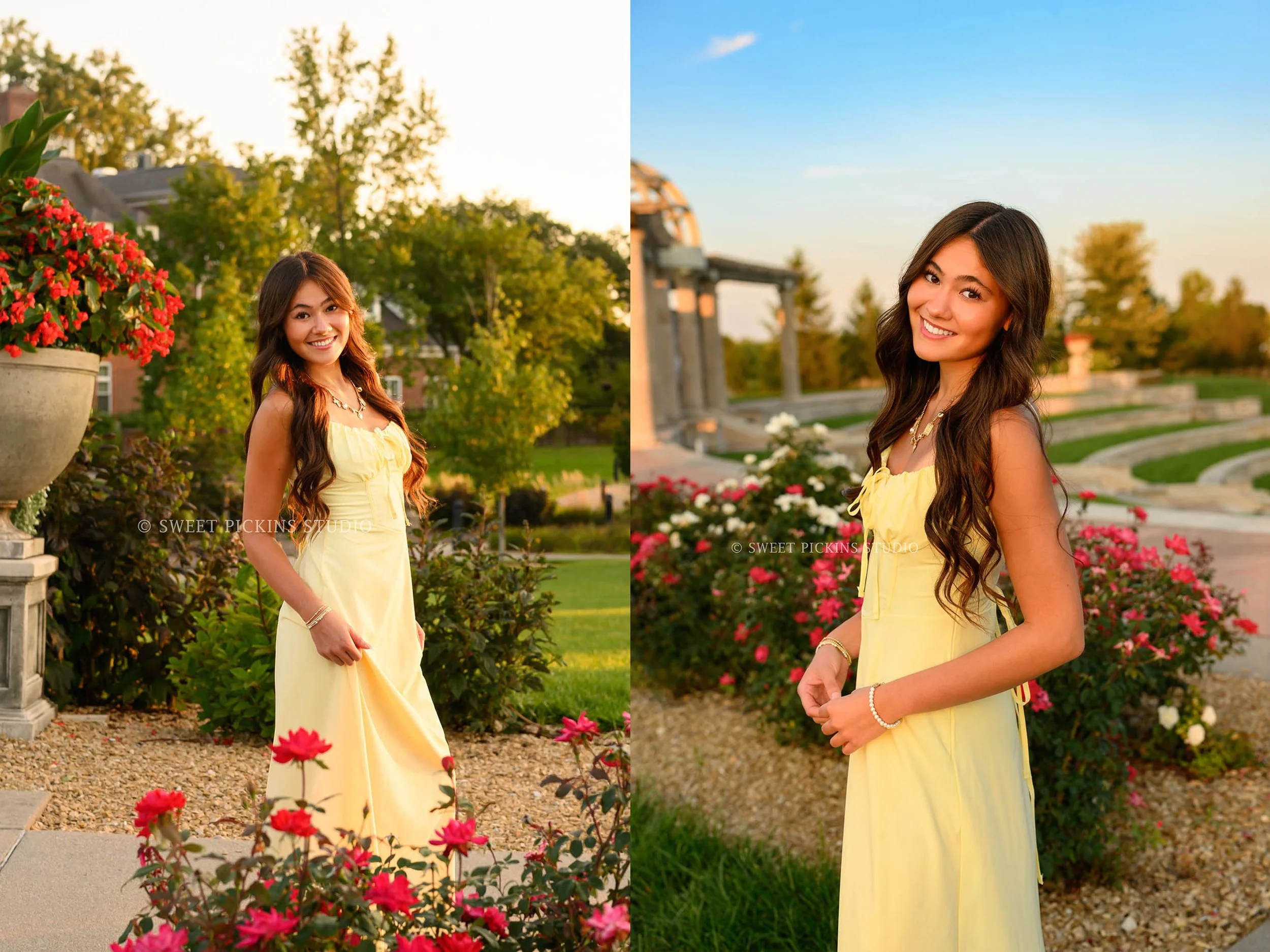 Rachel's Carmel, Indiana Floral Senior Photography in Summer wearing yellow slip dress near red roses for class of 2027 by Sweet Pickins Studio senior photographer Amanda Wilson ©