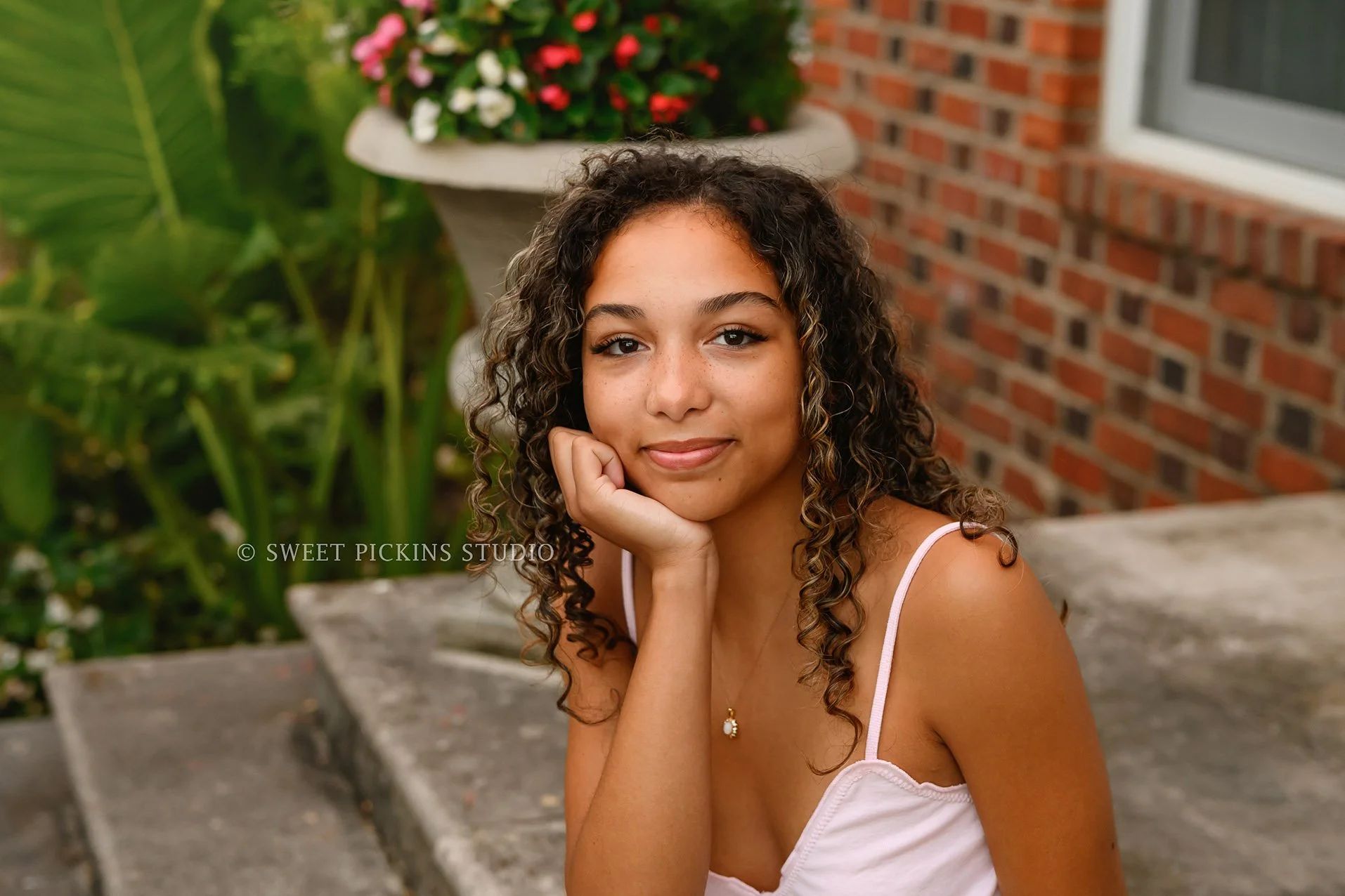 Madeline | Senior Girl Photography in Garden for Speedway High School Class of 2027 wearing pink tank top and white long skirt by Sweet Pickins Studio senior photographer Amanda Wilson ©