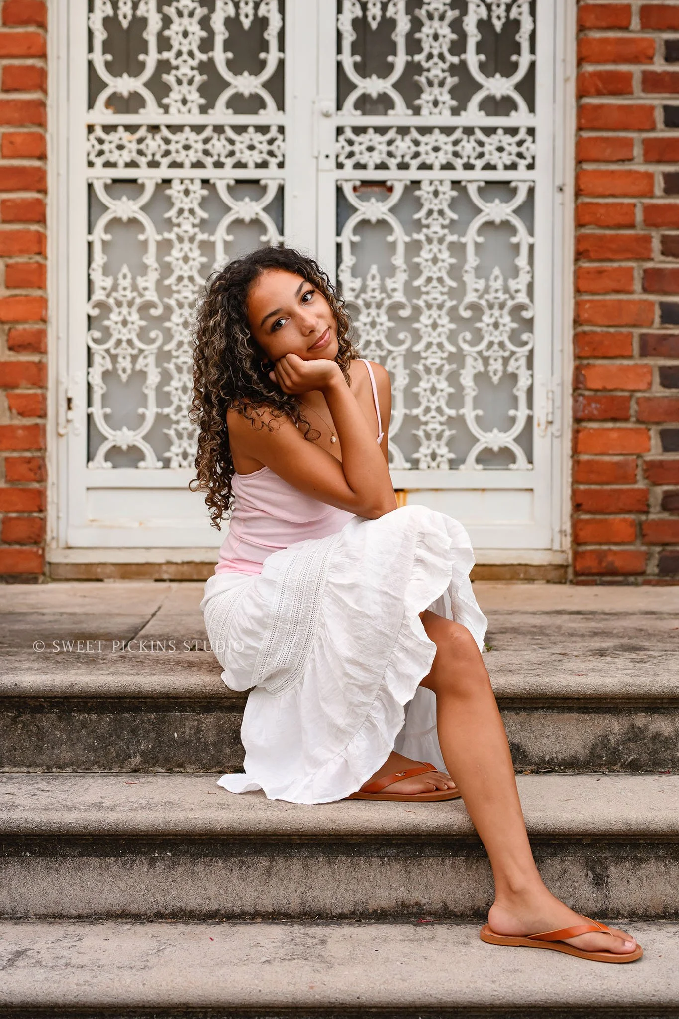 Madeline | Floral Senior Photography in Flower Garden at Sunset for Speedway High School Class of 2027 wearing pink tank top and white long skirt by Sweet Pickins Studio senior photographer Amanda Wilson ©
