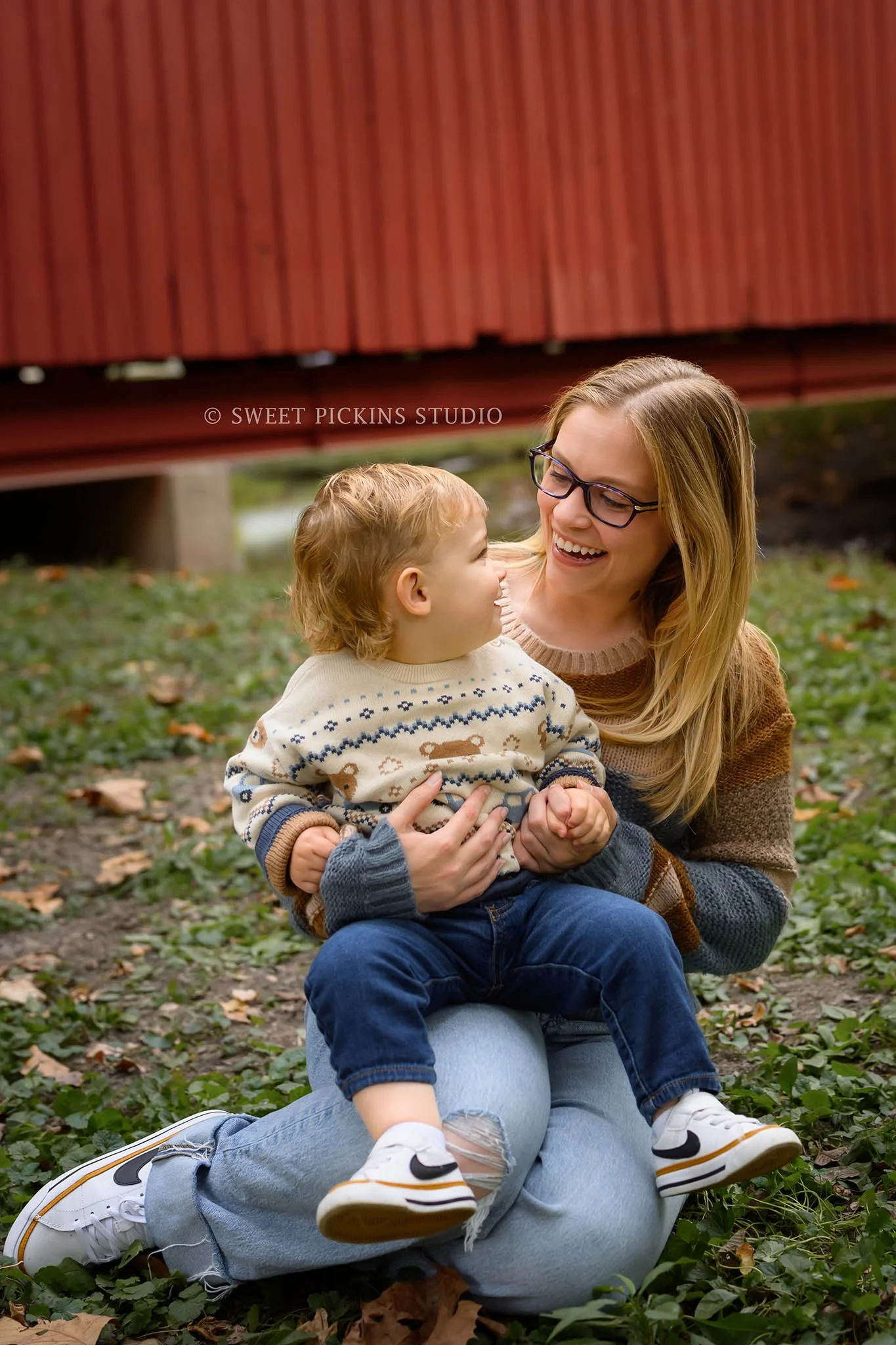 Kokomo, Indiana Fall Family Photography for Mommy and Son wearing matching Nike tennis shoes by Sweet Pickins Studio photographer Amanda Wilson ©