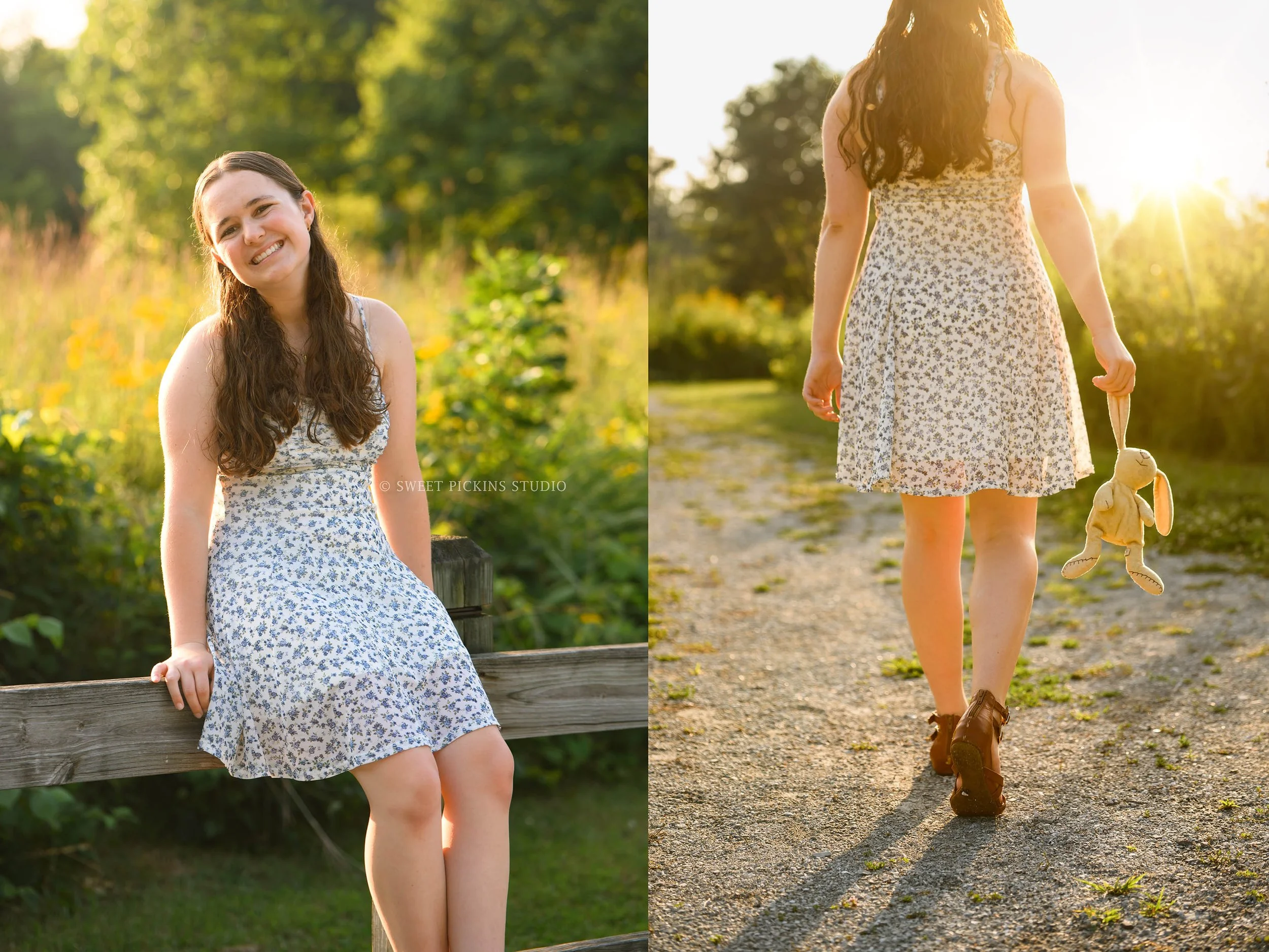 Carmel, Indiana senior girl photography in golden field with stuffed animal for class of 2027 senior girl wearing floral dress by Sweet Pickins Studio senior photographer Amanda Wilson ©