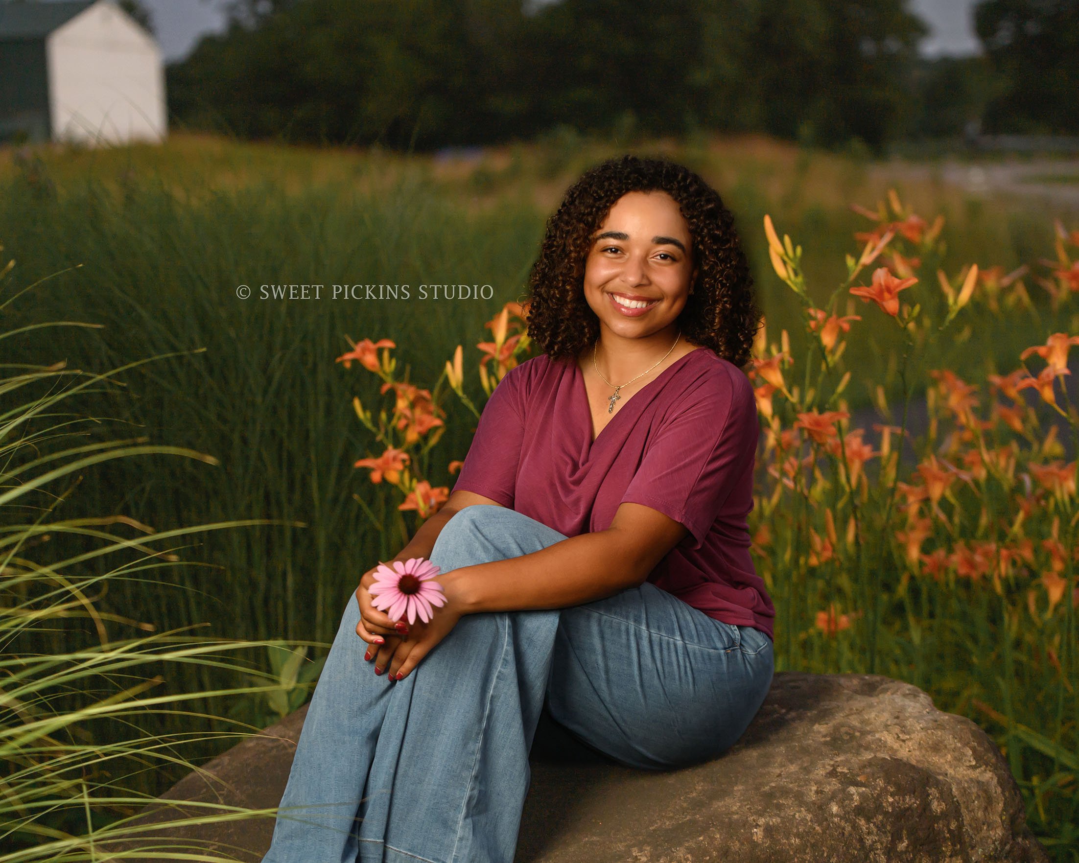 Piercey ‘s Peru, Indiana Senior Photography in flowers for Class of 2027 senior girl at Rock Hollow by Sweet Pickins Studio senior photographer Amanda Wilson ©