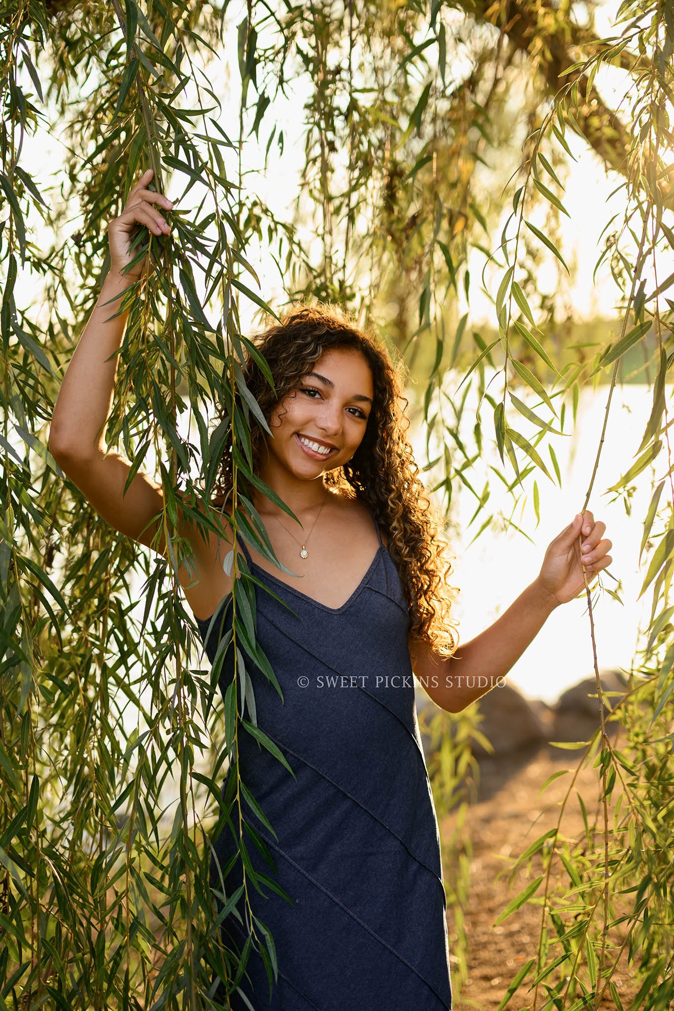 Madeline | Indiana Senior Girl Photography in Willow Tree for Speedway High School Class of 2027 Senior wearing denim dress at Sunset by Sweet Pickins Studio senior photographer Amanda Wilson ©