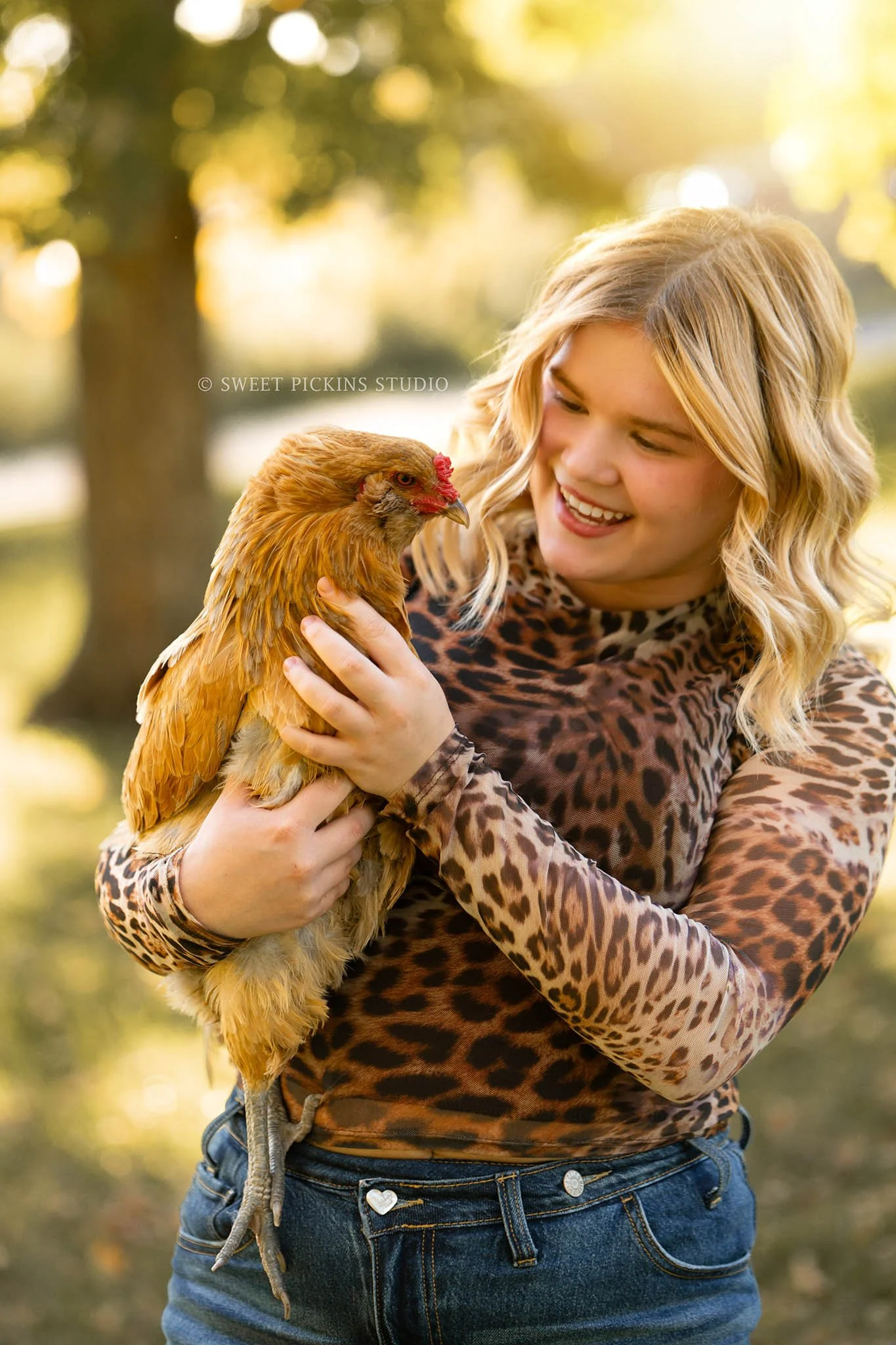 Rilynn’s Peru, Indiana Fall Senior Portrait Photography with pet chicken for Maconaquah High School class of 2027 senior girl wearing cheetah print shirt and denim skirt by Sweet Pickins Studio senior photographer Amanda Wilson ©