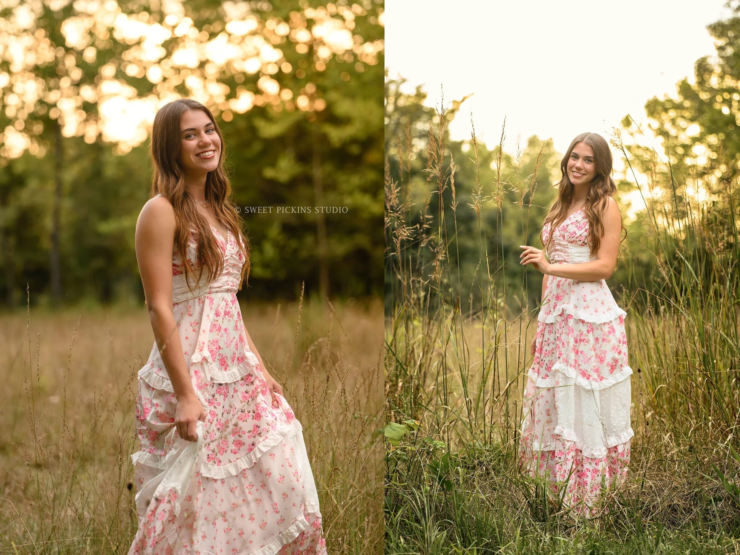 Indiana senior girl photography posing in field at sunset for class of 2027 senior girl wearing pink and white floral maxi dress by Sweet Pickins Studio senior photographer Amanda Wilson ©