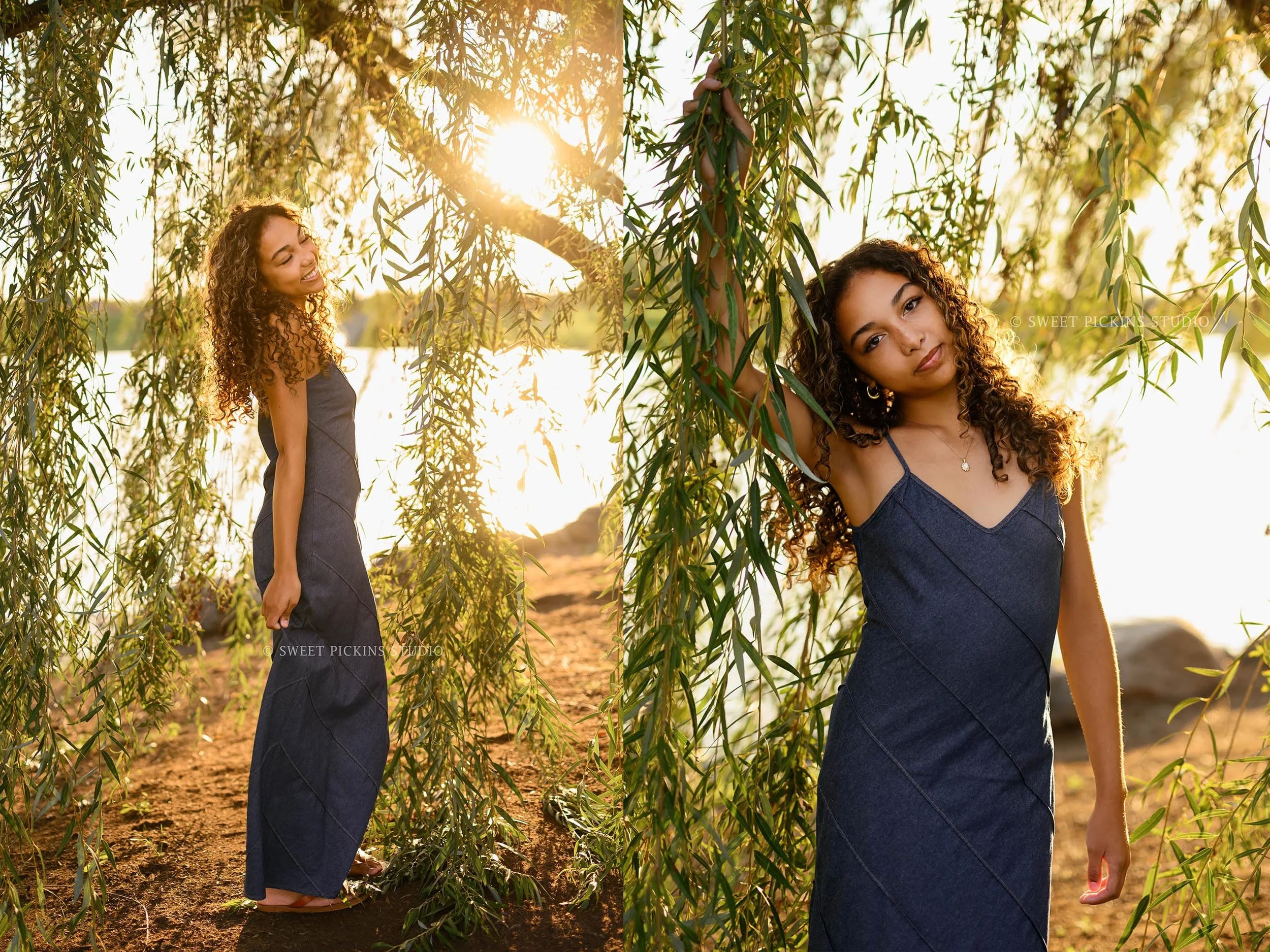 Indiana Senior Picture Photography for Class of 2027 senior girl posing in denim maxi dress in willow tree by Sweet Pickins Studio senior photographer Amanda Wilson ©