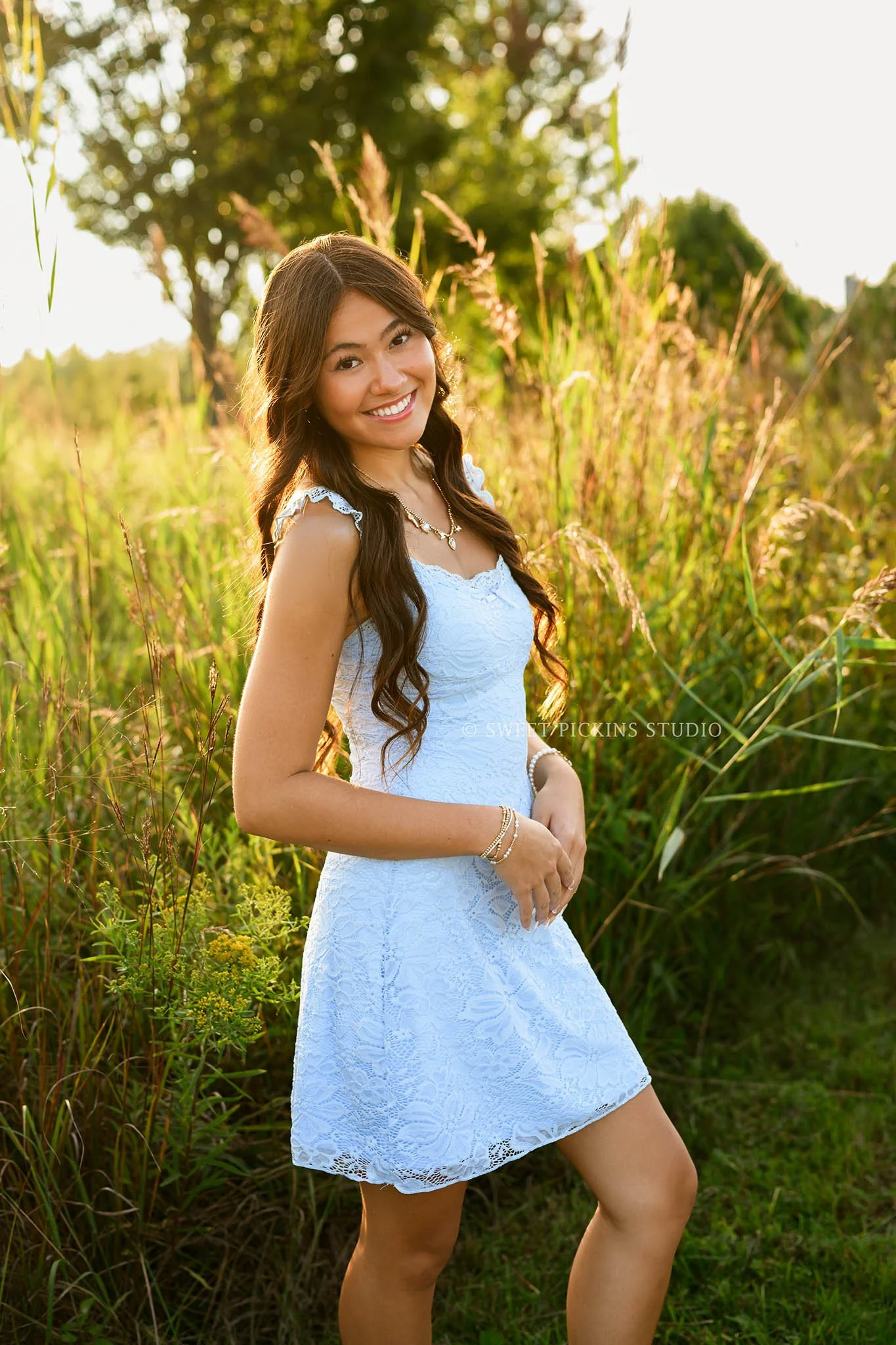 Rachel | Carmel, Indiana Senior Photography for Class of 2027 senior girl wearing blue lace dress by Sweet Pickins Studio senior photographer Amanda Wilson ©