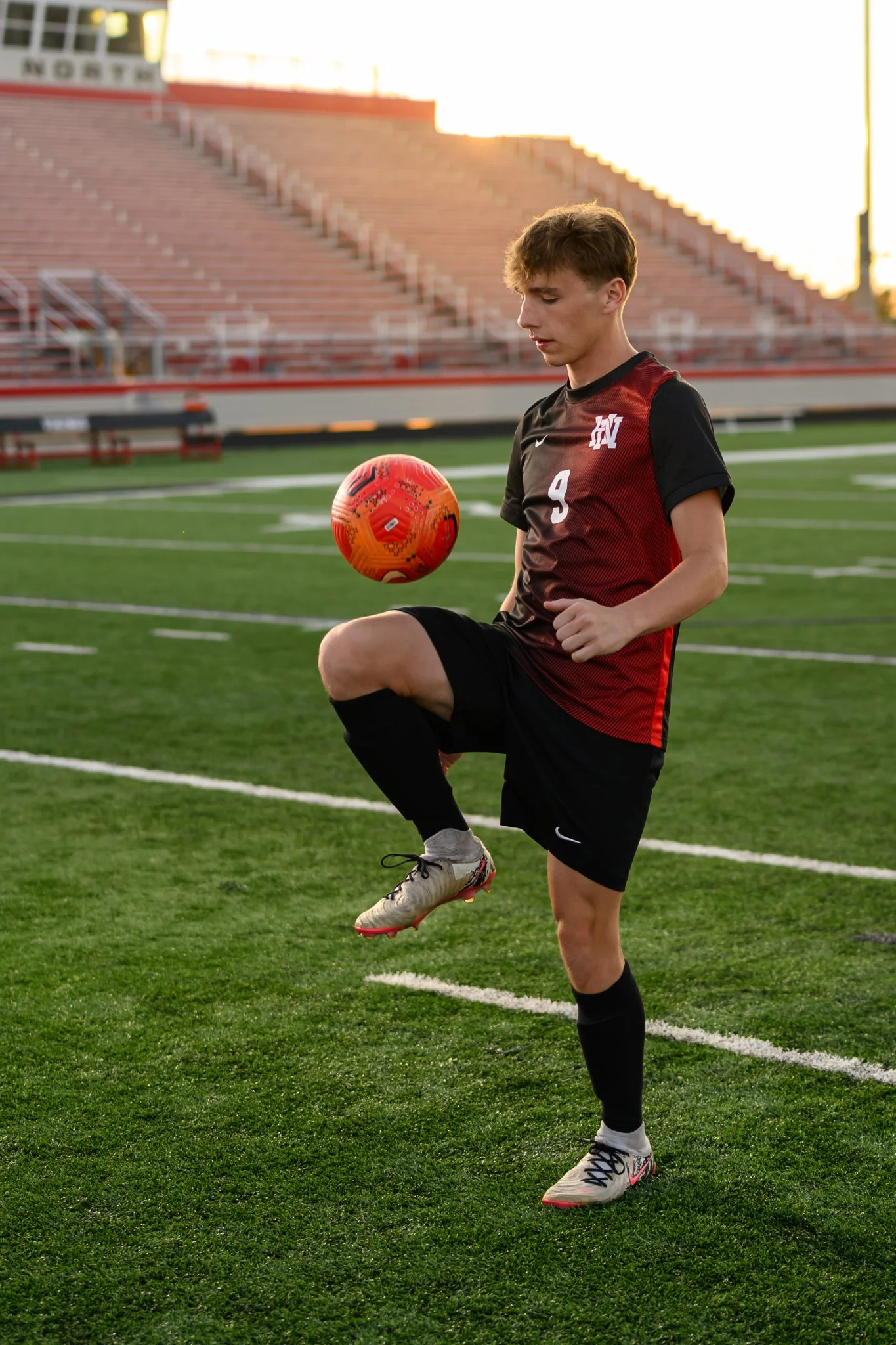Huntington, Indiana Soccer Senior Photography for Huntington North Class of 2027 sports athlete BOSTAN at stadium by Sweet Pickins Studio senior photographer Amanda Wilson ©