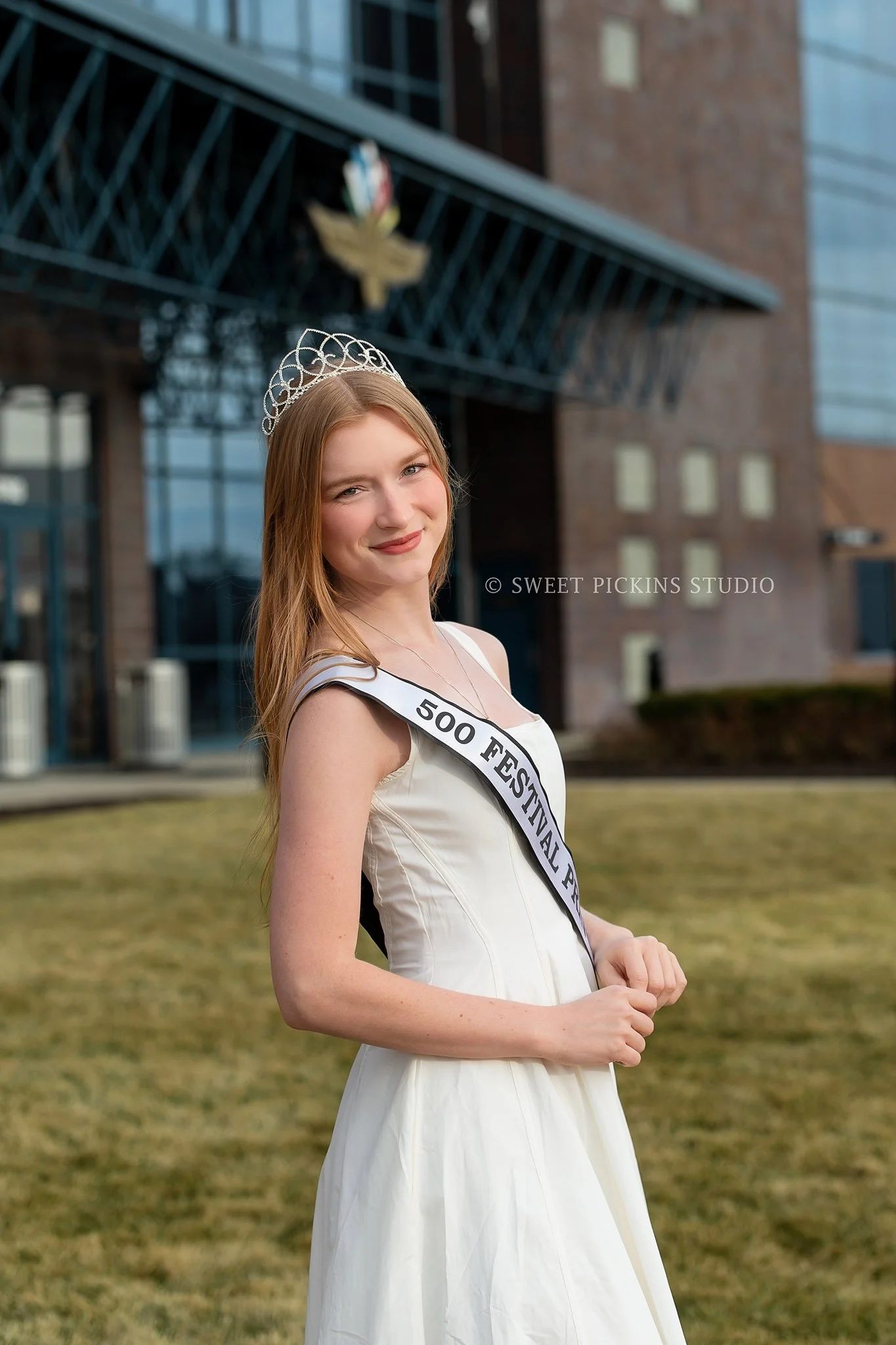 Speedway, Indiana Portrait Photography for Indy 500 Princess at Indianapolis Motor Speedway racetrack wearing tiara and sash by Sweet Pickins Studio photographer Amanda Wilson ©