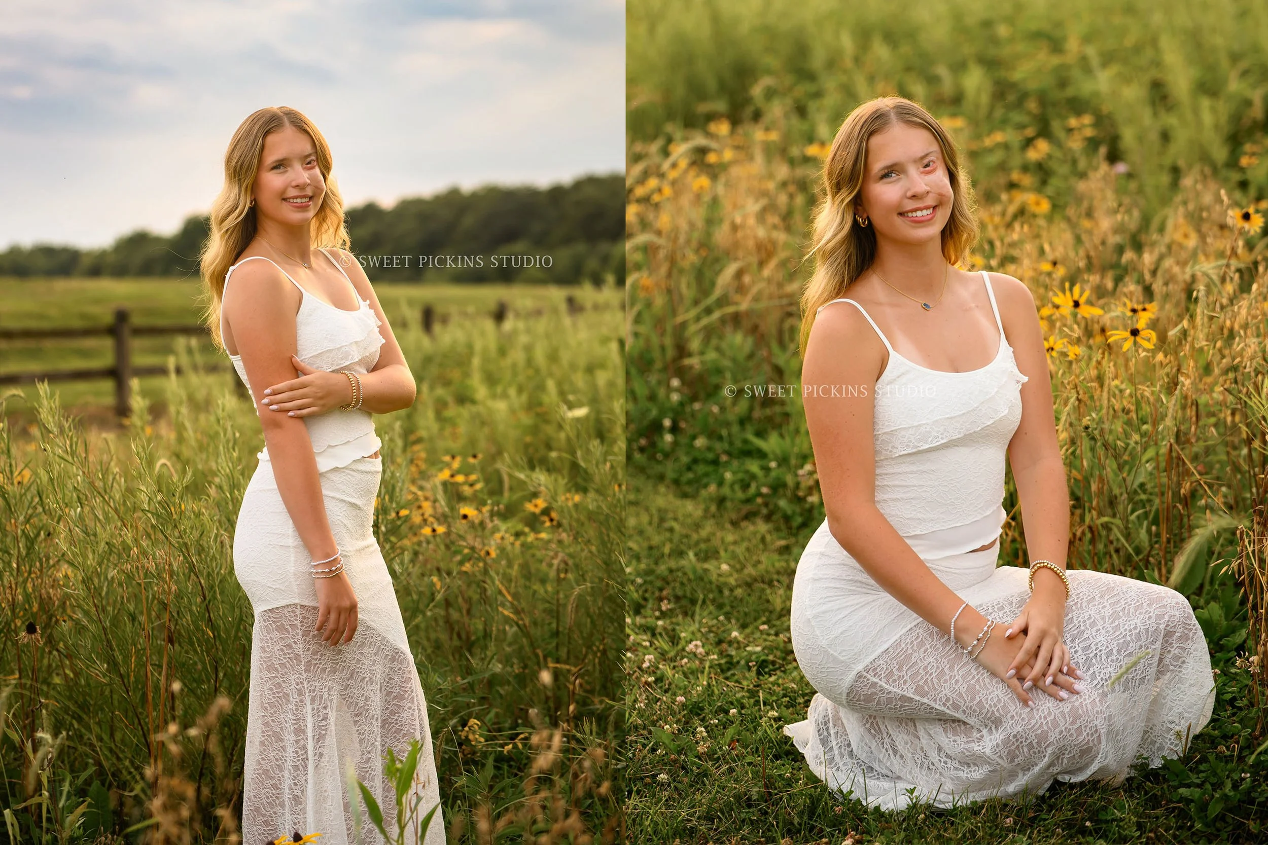 Noblesville, Indiana Senior Photography in Wildflower Field for class of 2027 senior girl KILYN wearing white skirt set by Sweet Pickins Studio senior photographer Amanda Wilson ©