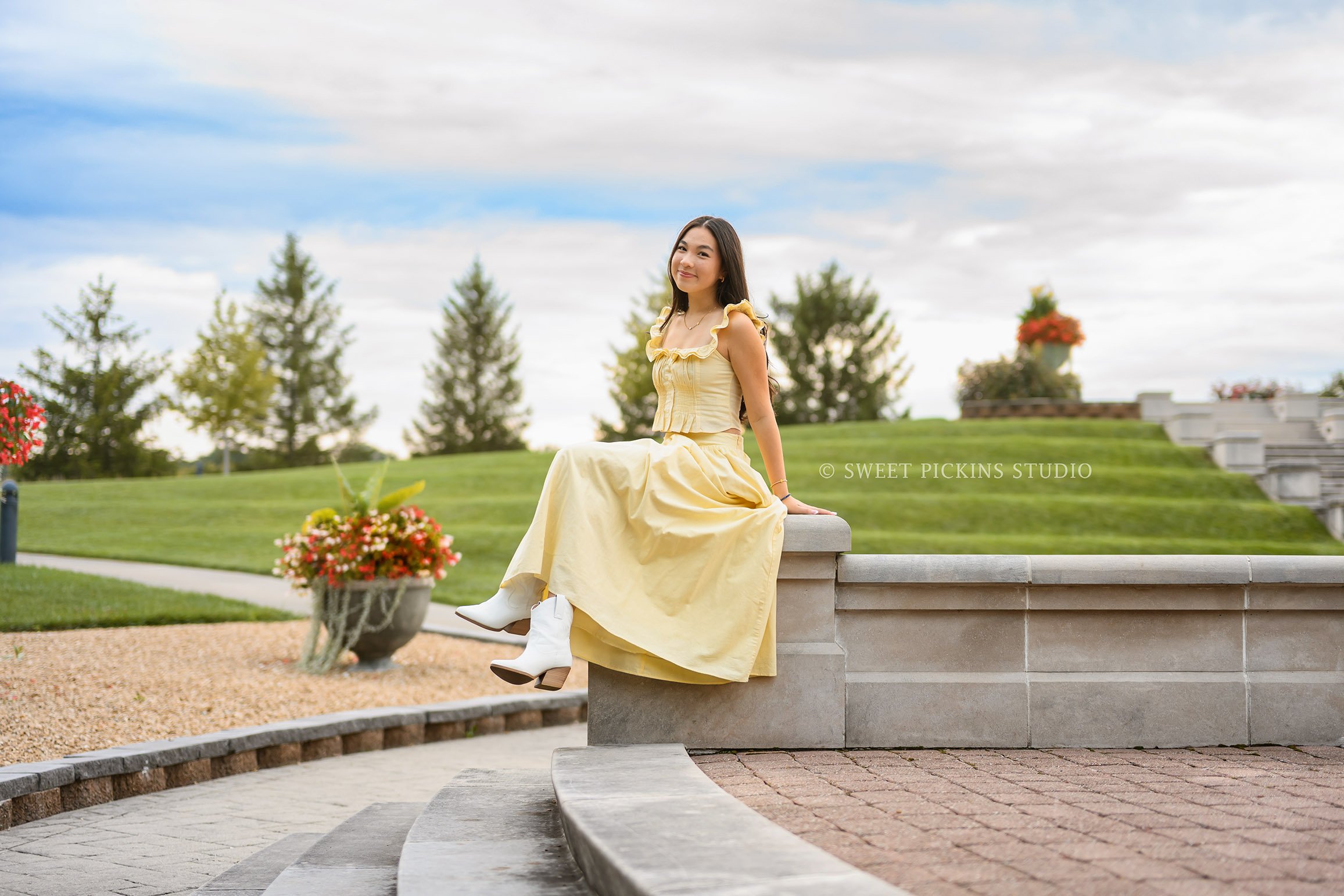 Nora | Carmel, Indiana Senior Girl Portrait Photography in garden wearing yellow skirt set for Park Tudor Class of 2027 by Sweet Pickins Studio senior photographer Amanda Wilson ©