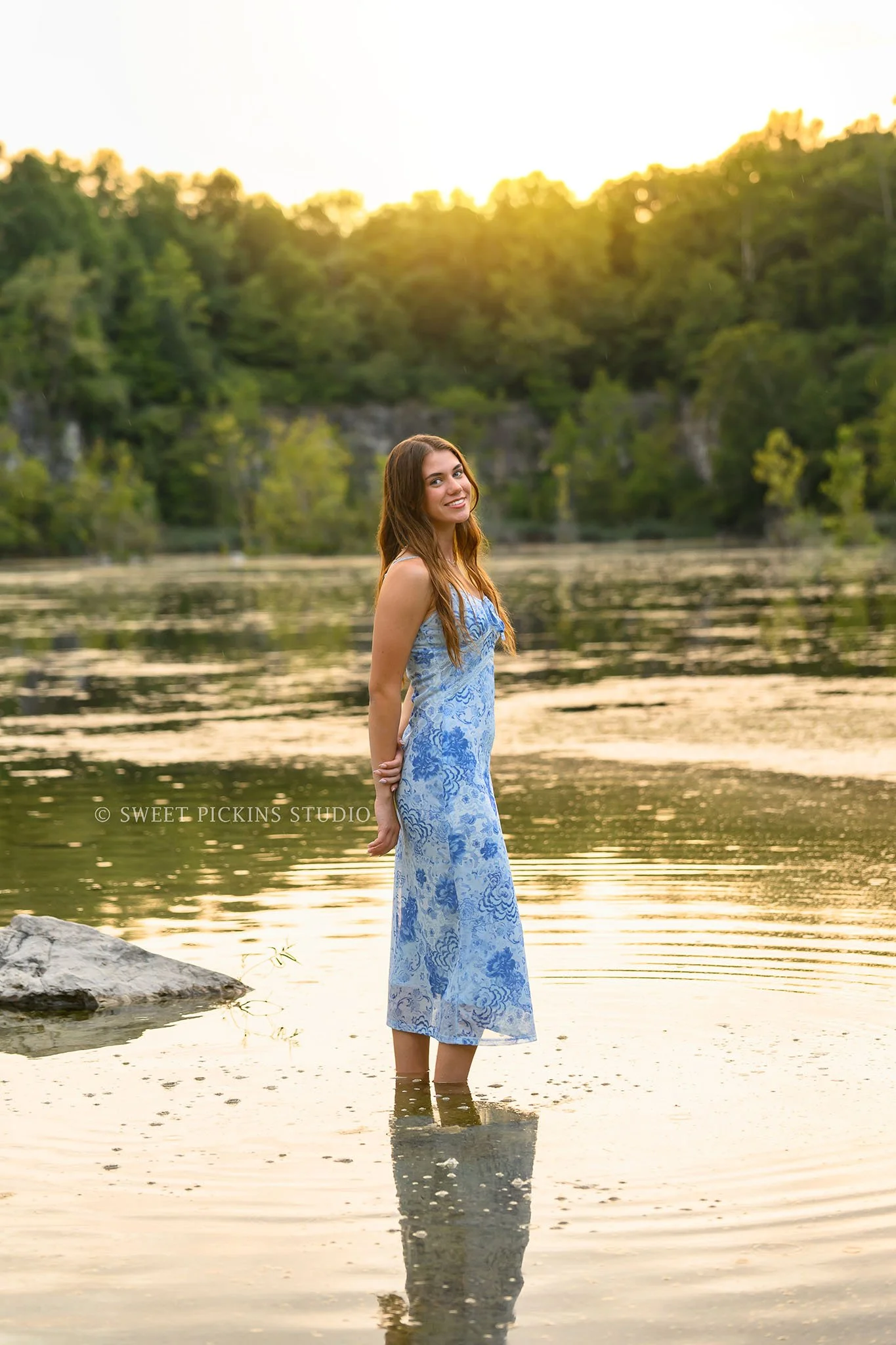 Indiana Senior Girl Photography in Lake wearing Blue floral dress at sunset for class of 2027  by Sweet Pickins Studio senior photographer Amanda Wilson ©
