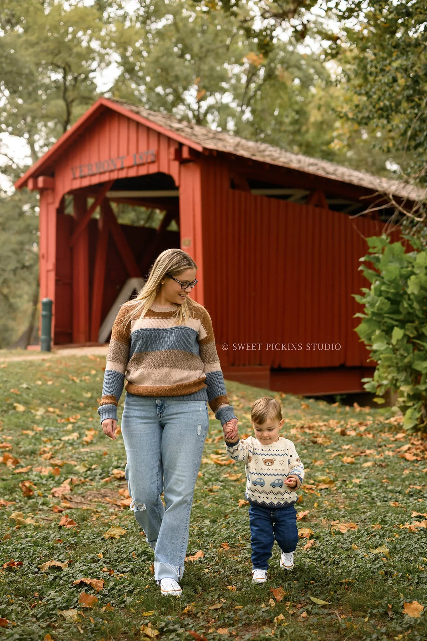 Kokomo, Indiana Fall Family Photography at Highland Park for Mommy and Son by red covered bridge over Wildcat Creek by Sweet Pickins Studio photographer Amanda Wilson ©