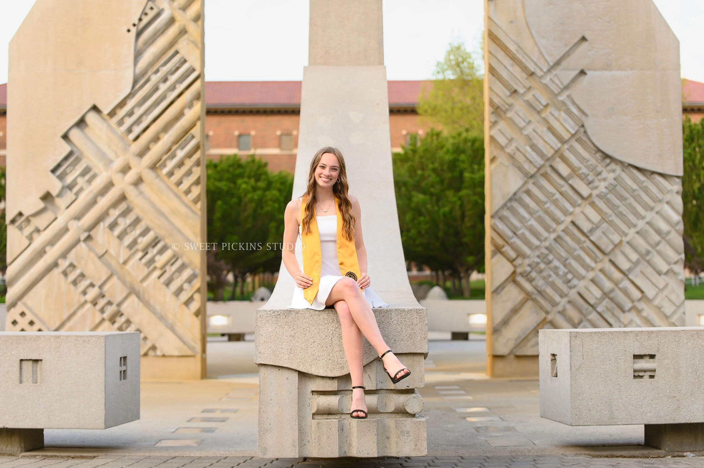 Katelyn’s Purdue University Graduation Photography in Cap and Gown at Engineering Fountain in West Lafayette, Indiana by Sweet Pickins Studio photographer Amanda Wilson ©