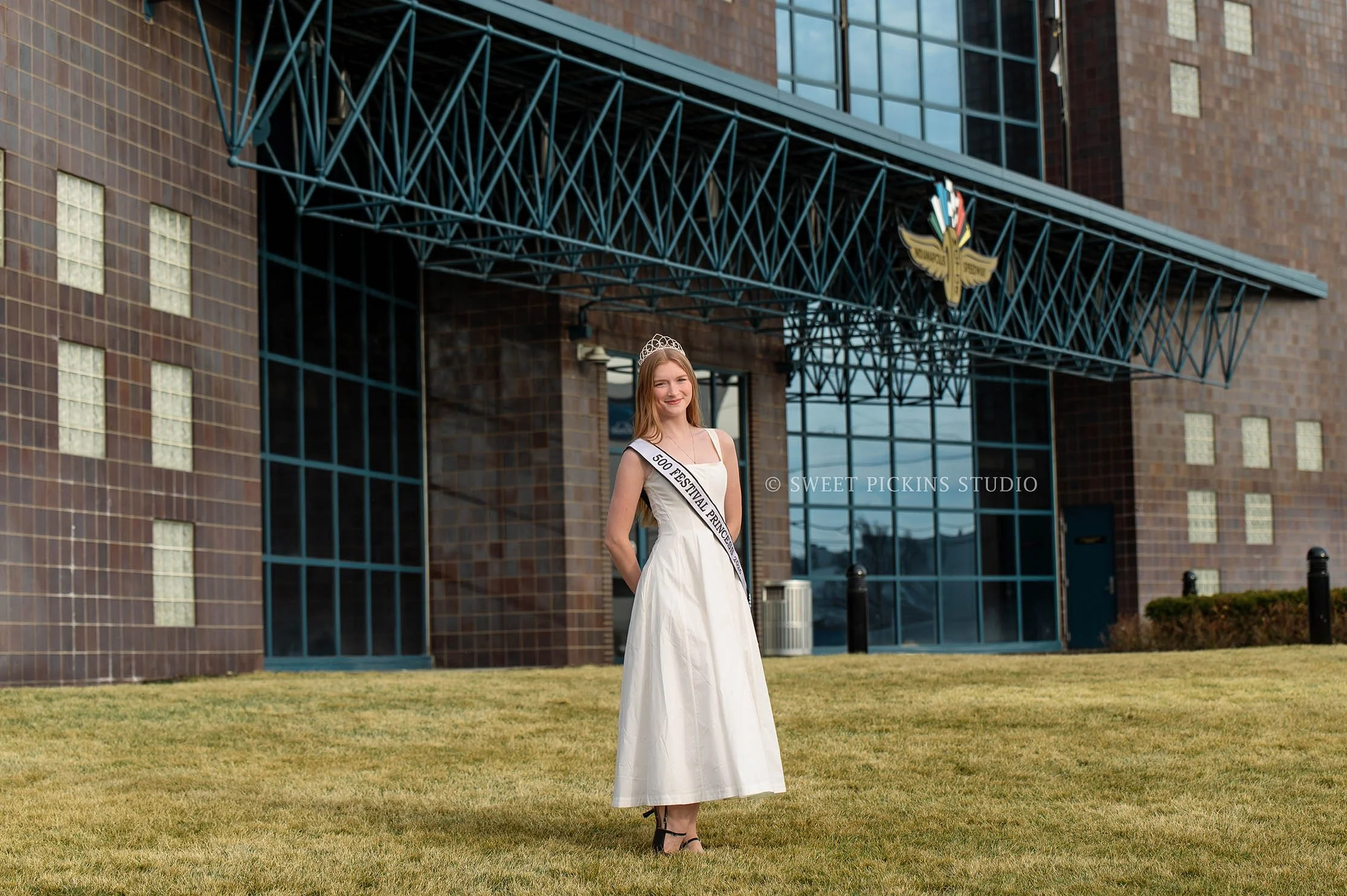 Speedway, Indiana Portrait Photography for Indy 500 Princess at Indianapolis Motor Speedway racetrack wearing tiara and sash by Sweet Pickins Studio photographer Amanda Wilson ©