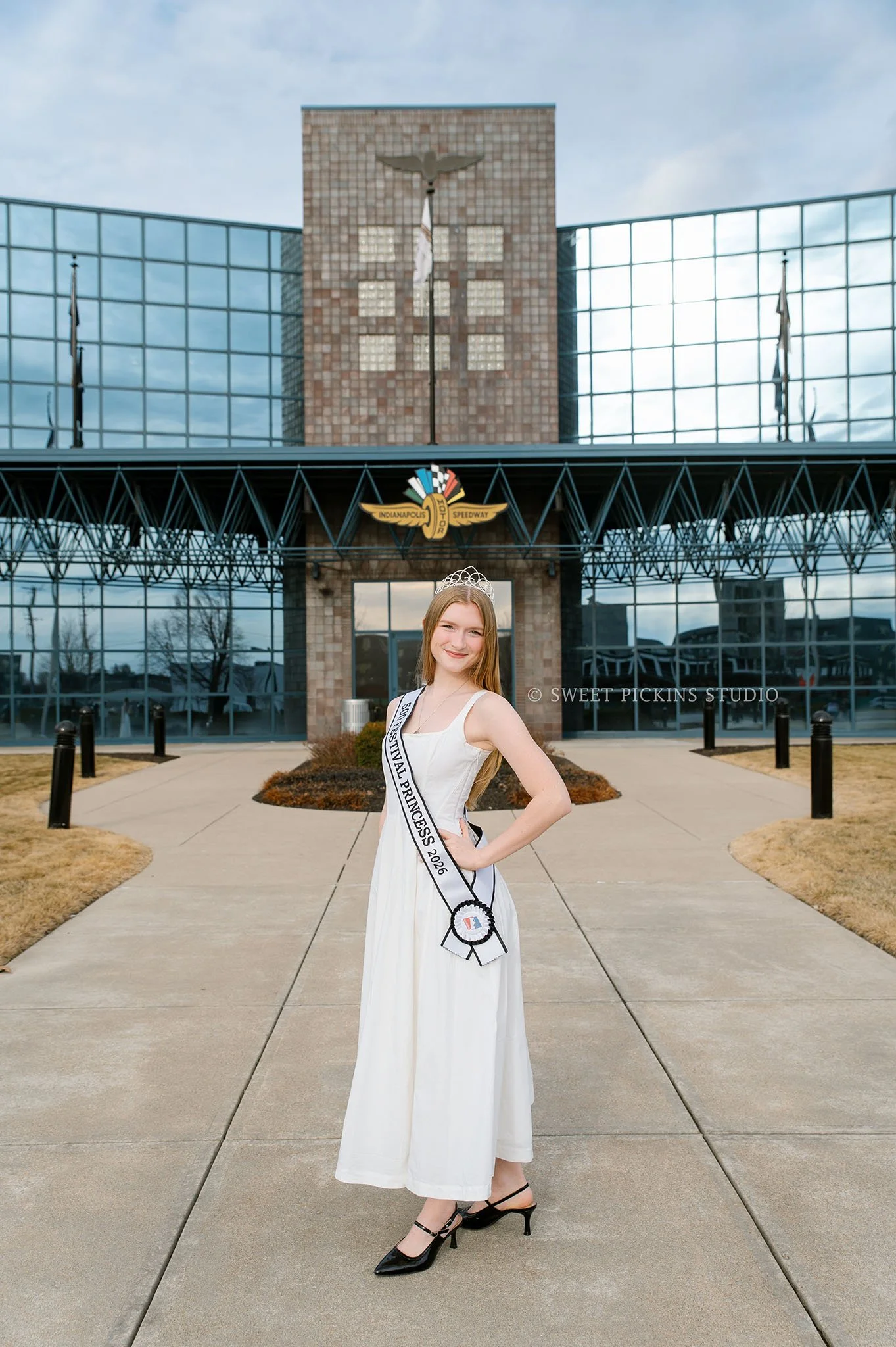 Speedway, Indiana Portrait Photography for Indy 500 Princess at Indianapolis Motor Speedway wearing tiara and sash by Sweet Pickins Studio photographer Amanda Wilson ©