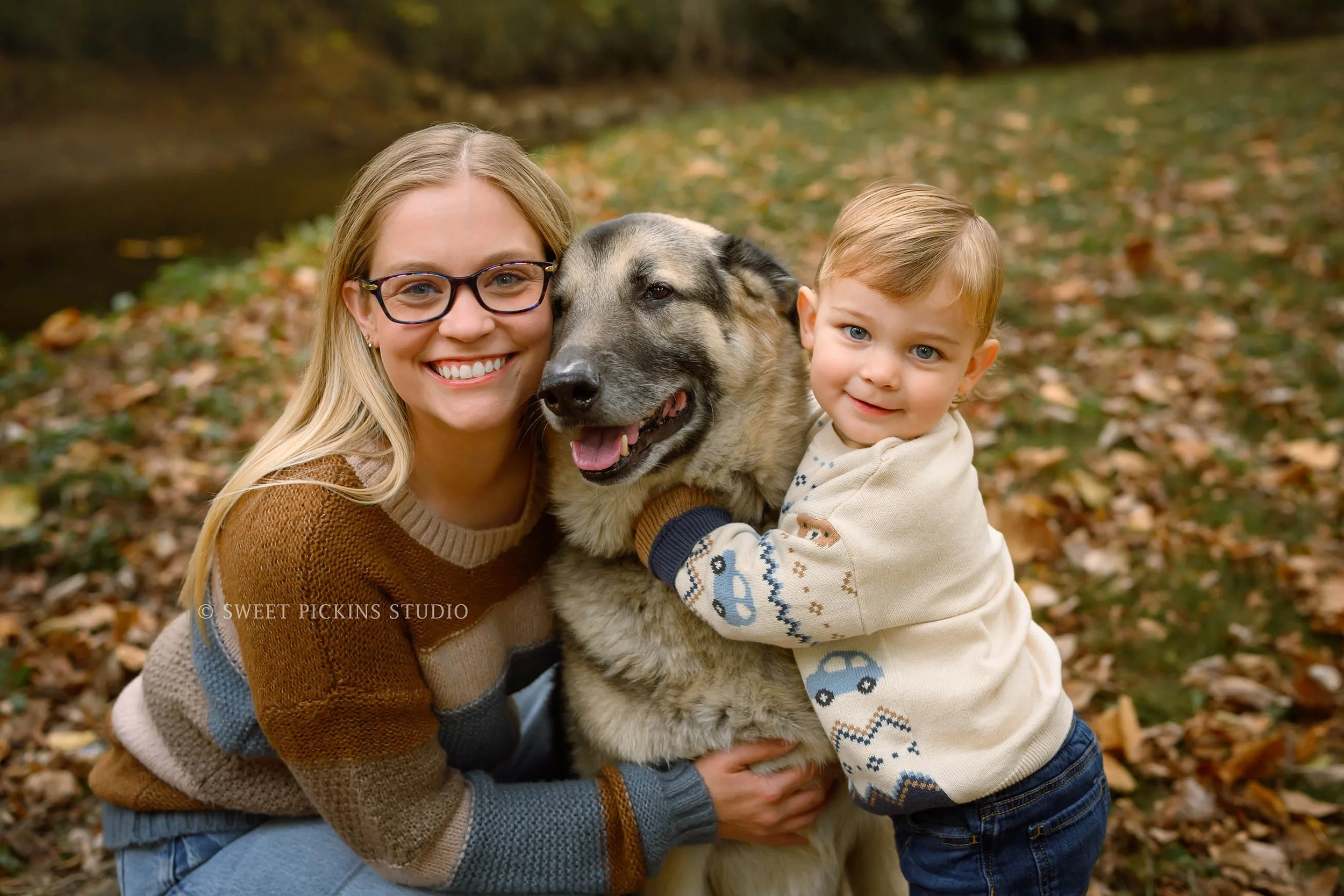 Kokomo, Indiana Fall Family Photography at Highland Park for Mommy and Son with dog in autumn leaves by Sweet Pickins Studio photographer Amanda Wilson ©