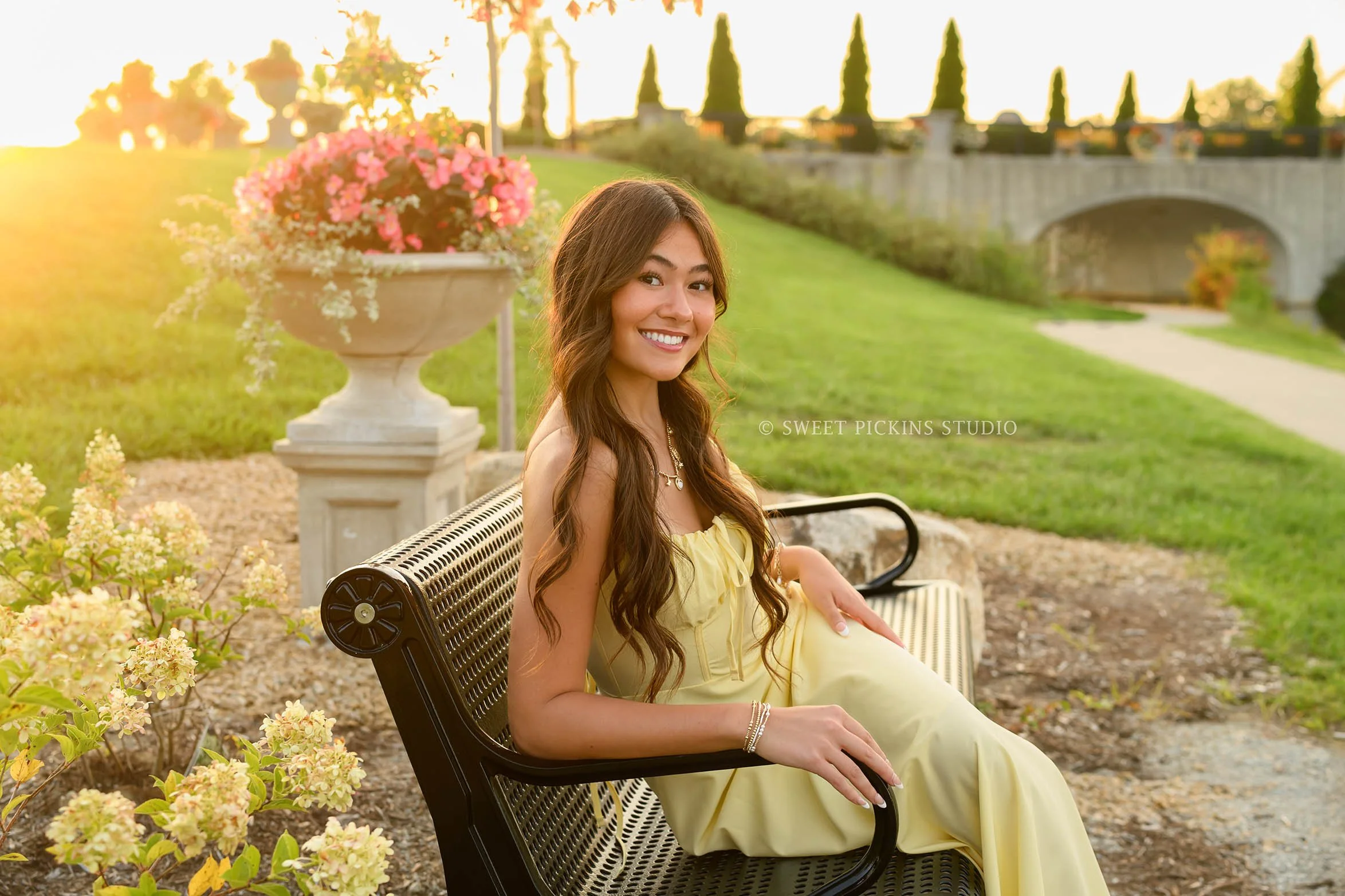Rachel | Carmel, Indiana Senior Photography in Flower Garden for Class of 2027 senior girl wearing yellow dress in roses by Sweet Pickins Studio senior photographer Amanda Wilson ©