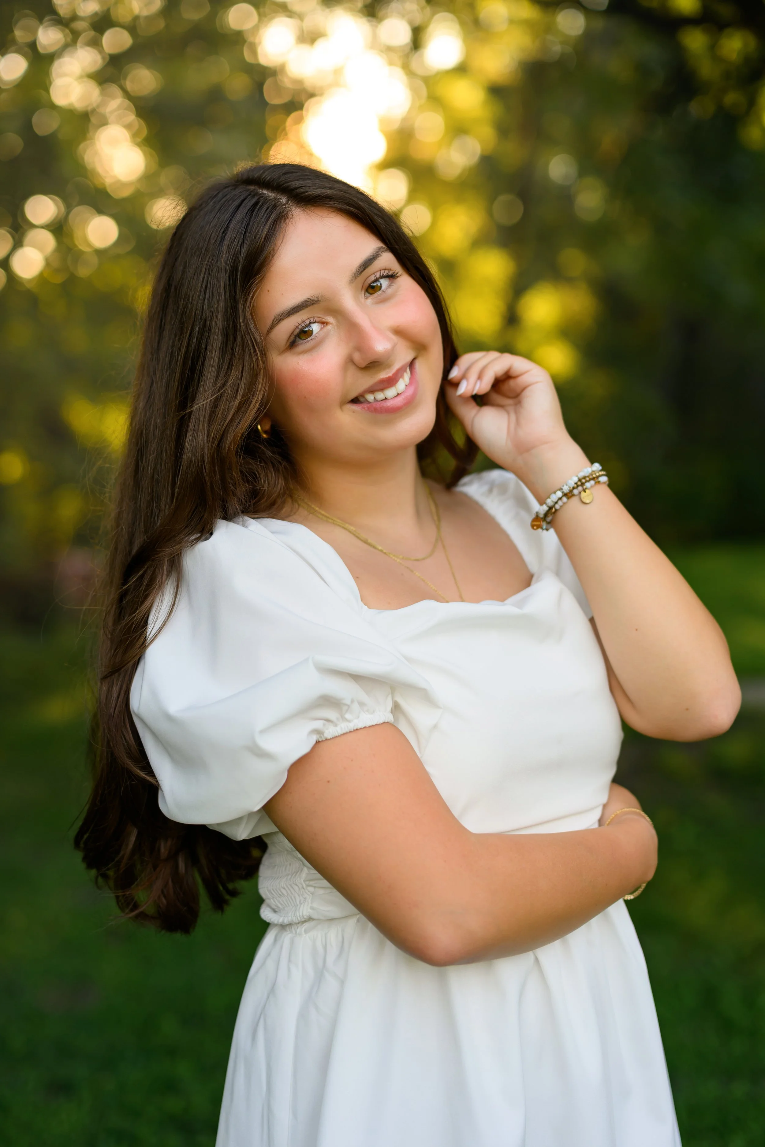 Maisie | Lakeville, Indiana Senior Portrait Photography for Madison East High School class of 2027 senior girl posing in white dress by Peru Indiana senior photographer Amanda Wilson © Sweet Pickins Studio