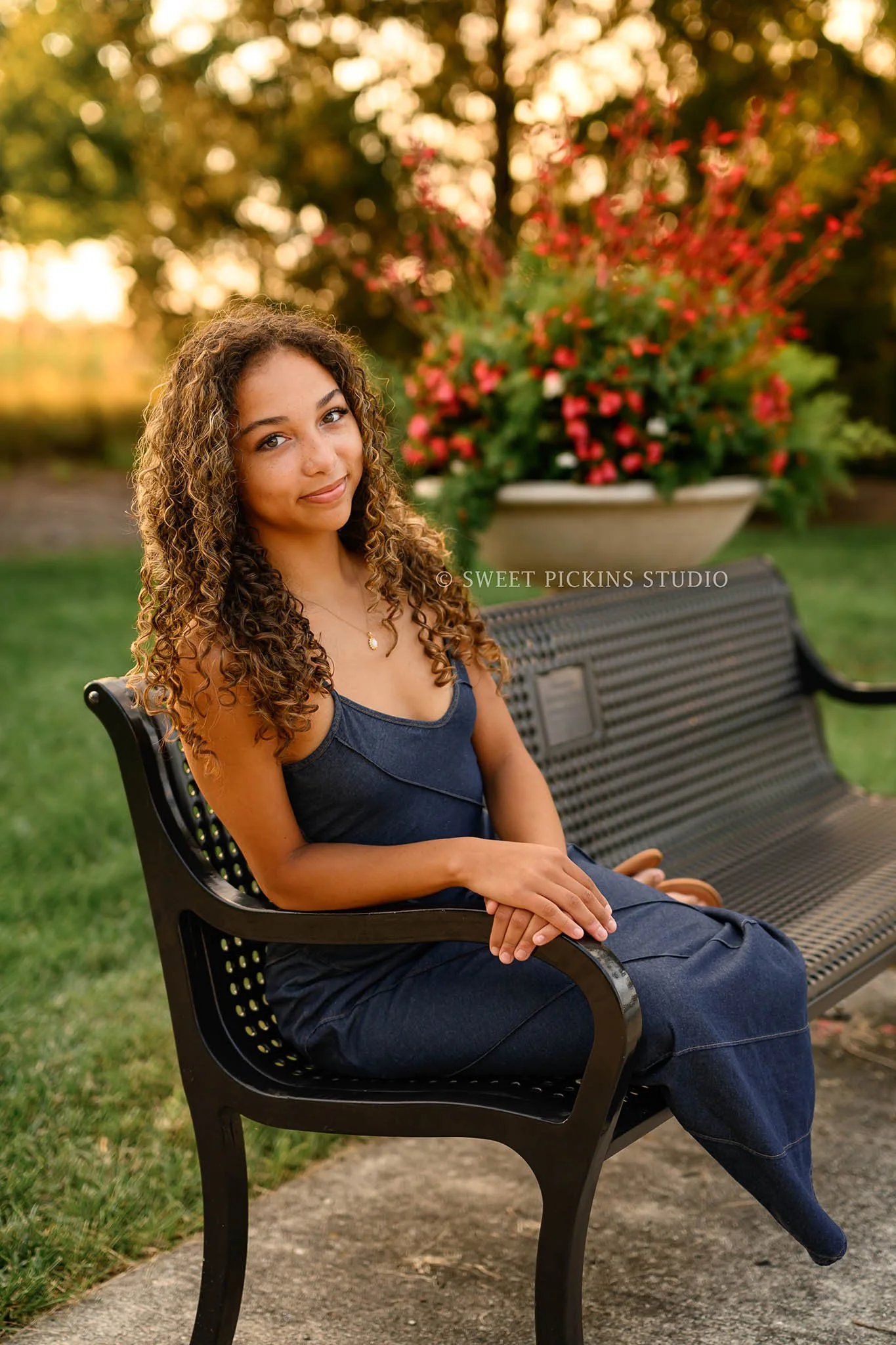 Indiana Floral Senior Picture Photography for Class of 2027 senior girl posing in denim maxi dress by Sweet Pickins Studio senior photographer Amanda Wilson ©