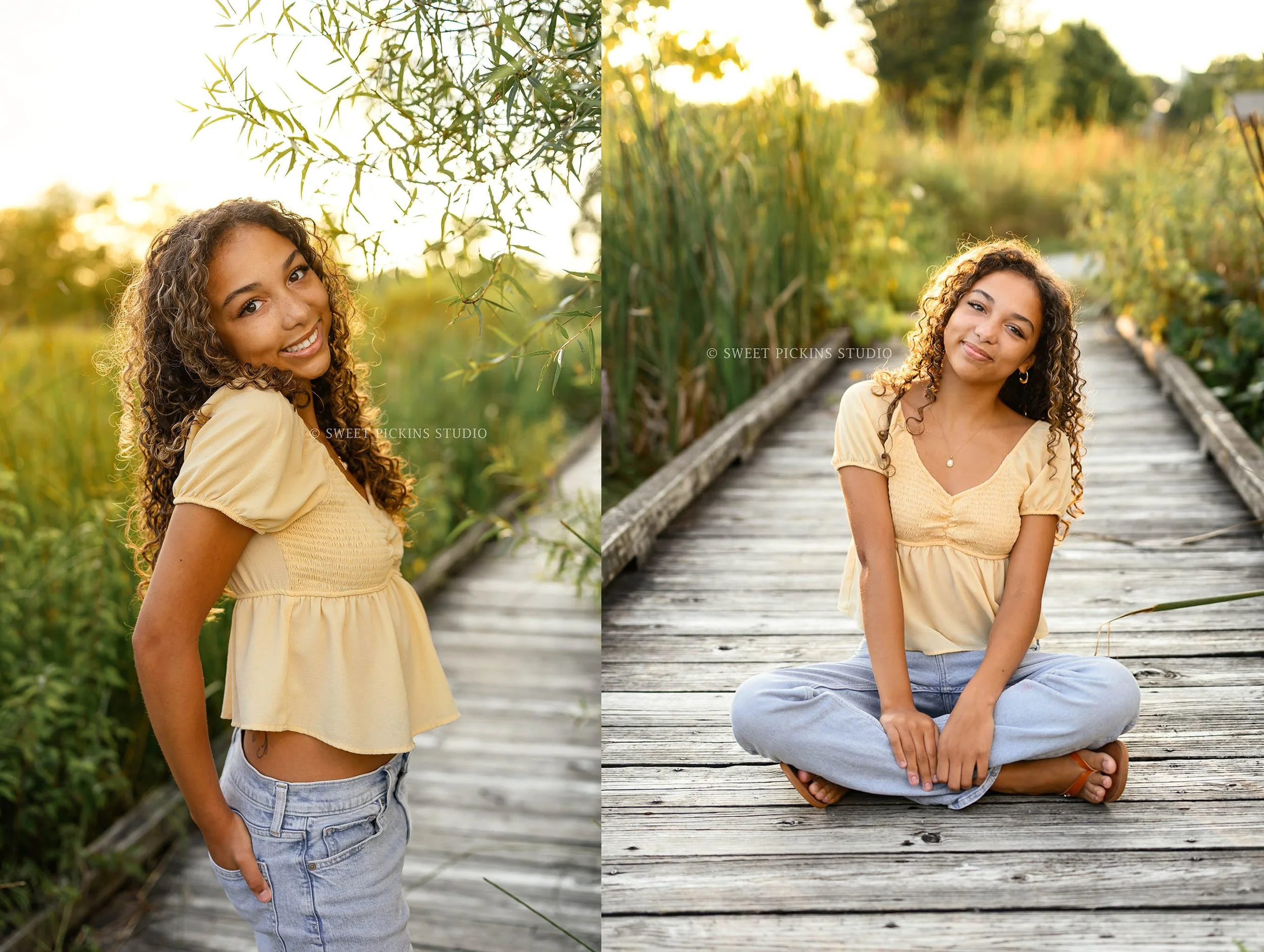 Indiana Senior Picture Photography for Class of 2027 senior girl posing in yellow shirt and denim jeans by Sweet Pickins Studio senior photographer Amanda Wilson ©