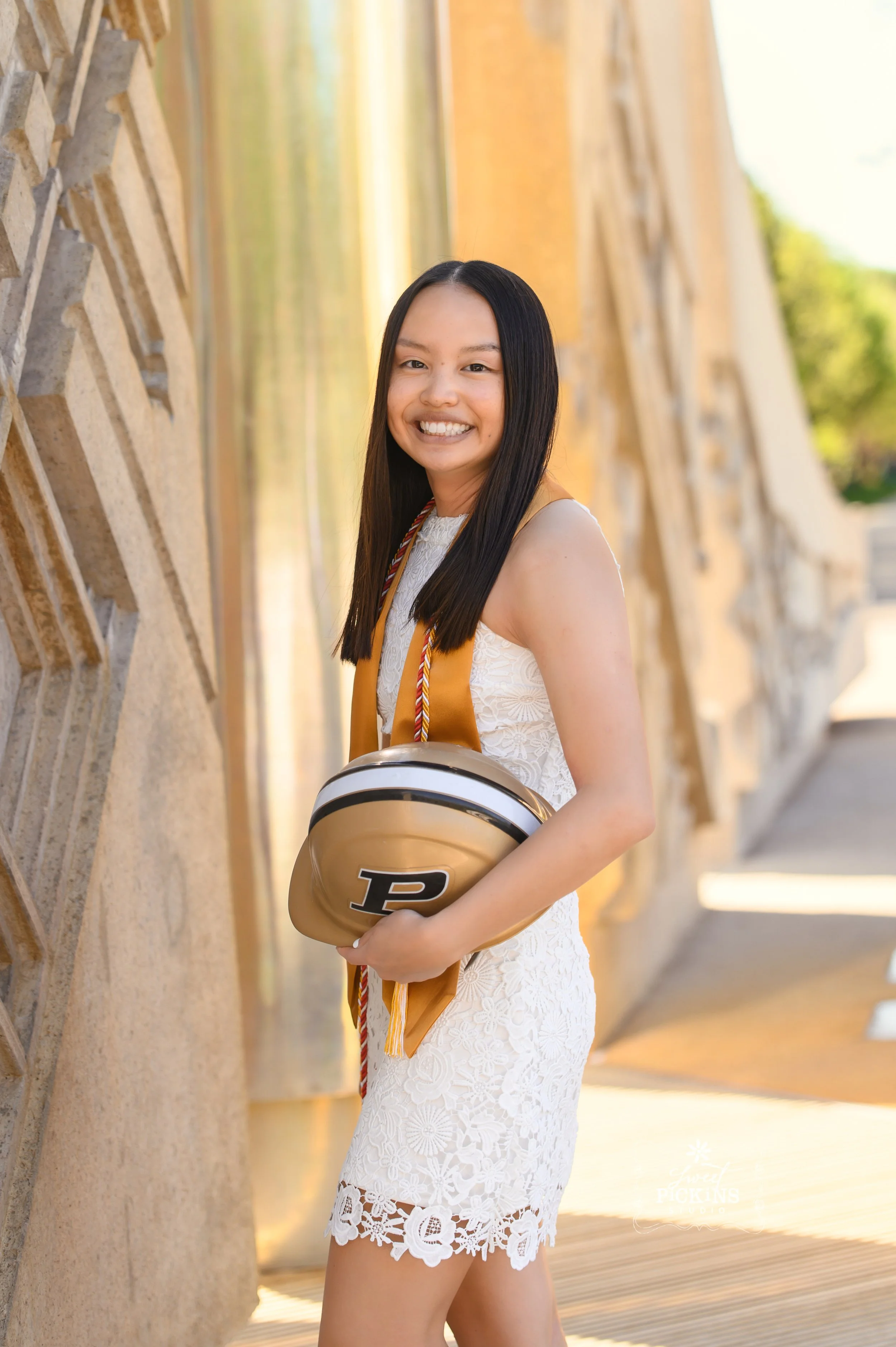 Purdue Graduation Cap and Gown Photography in West Lafayette, Indiana for Civil Engineering Graduate in Spring by Sweet Pickins Studio senior photographer Amanda Wilson ©
