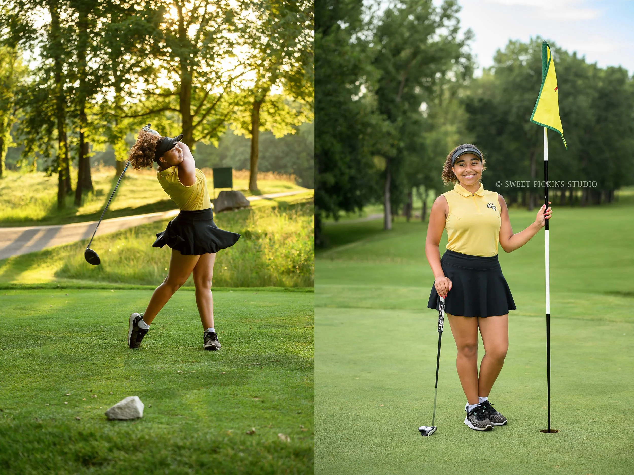 Girls Golf Senior Photography by Peru, Indiana Senior photographer Amanda Wilson for Peru High School Senior sports athlete at Rock Hollow Golf Course posing in uniform with golf clubs by Sweet Pickins Studio ©
