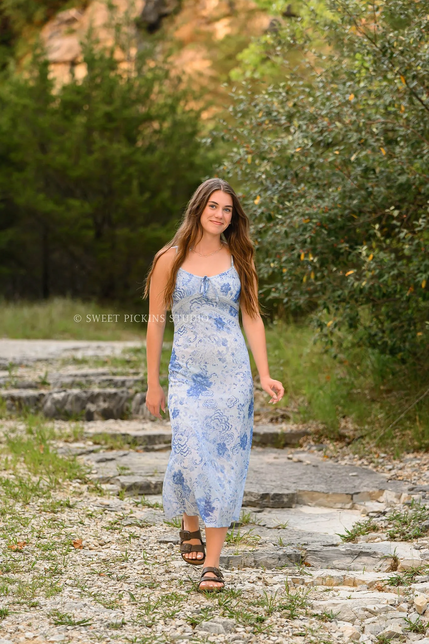 Taylor | Indiana Senior Girl Photography for class of 2027 senior in nature park at golden hour wearing blue floral dress by Sweet Pickins Studio senior photographer Amanda Wilson ©
