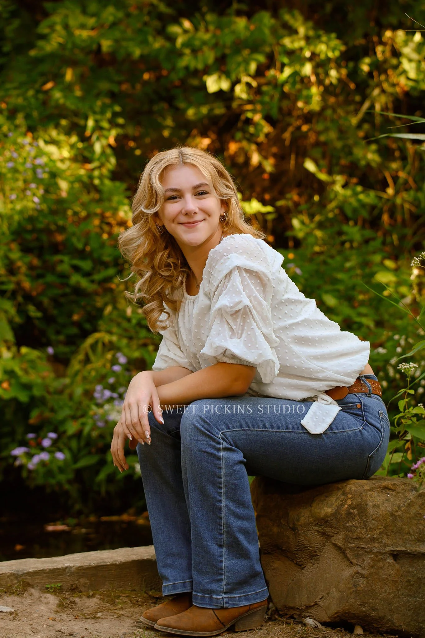 Mazie | Wabash, Indiana Senior Photography for Southwood High School senior girl wearing western boots at Charley Creek Gardens by Sweet Pickins Studio senior photographer Amanda Wilson © 