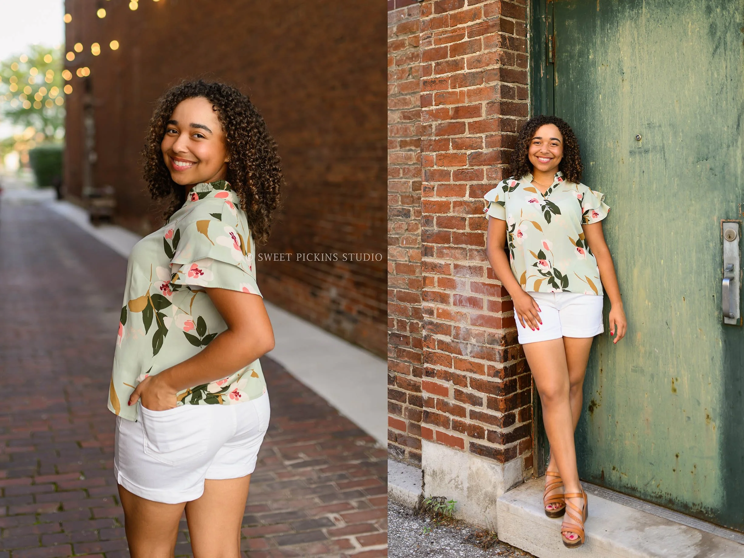 Peru Indiana senior photography in downtown alley for class of 2027 senior girl wearing floral top by Sweet Pickins Studio senior photographer Amanda Wilson ©