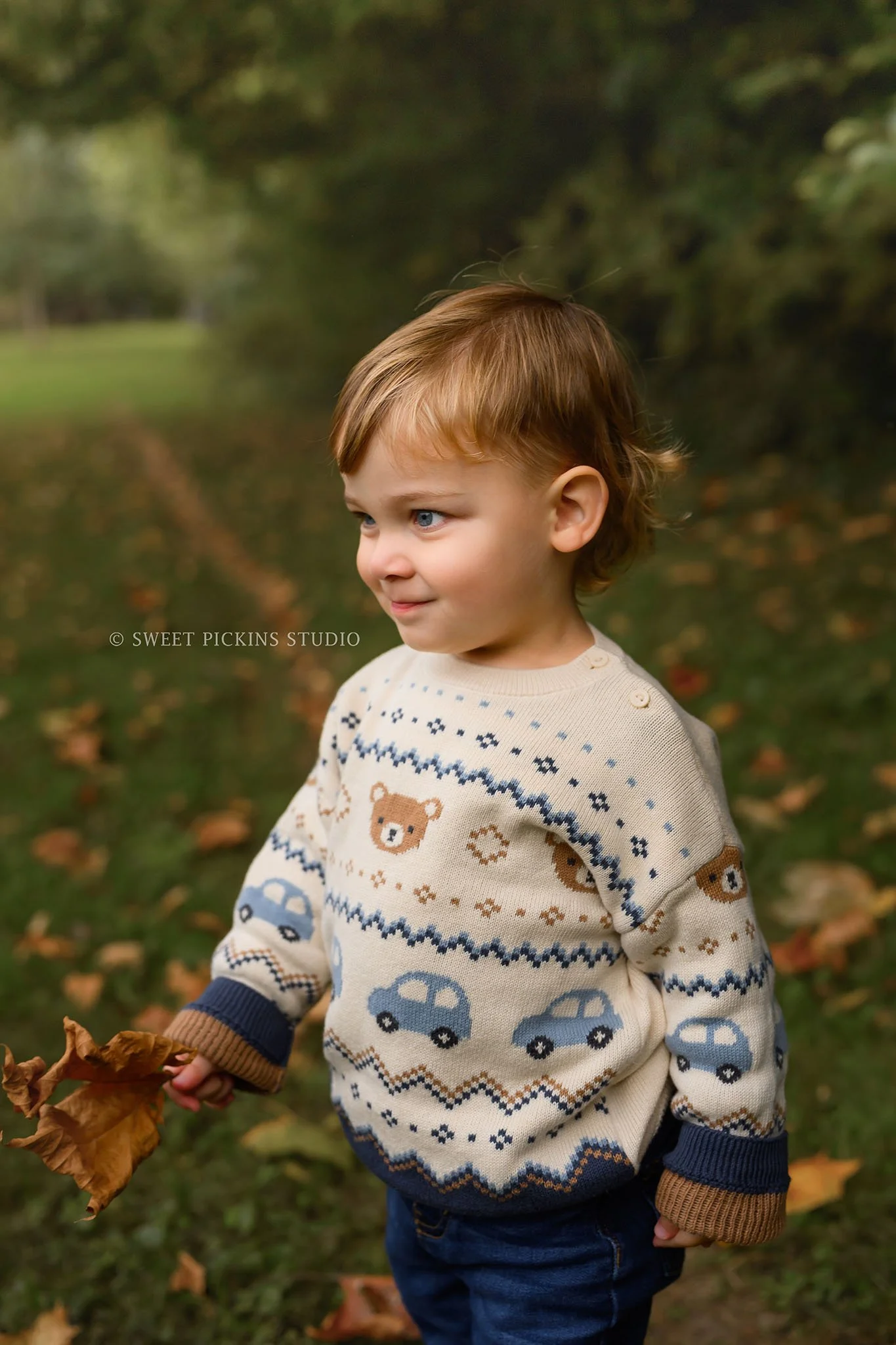 Kokomo, Indiana Fall Family Photography at Highland Park for Mommy and Son walking in autumn leaves by creek by Sweet Pickins Studio photographer Amanda Wilson ©