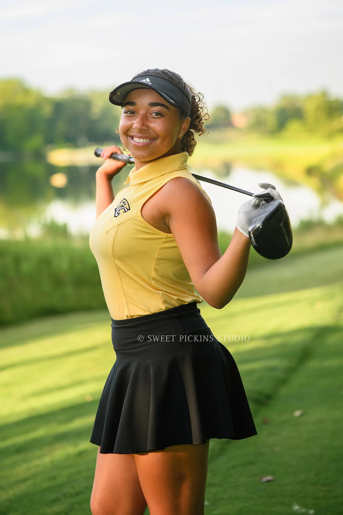Piercey ‘s Peru, Indiana Golf Senior Photography in yellow and black uniform for Tigers Class of 2027 senior golfer at Rock Hollow Golf Course by Sweet Pickins Studio senior photographer Amanda Wilson ©