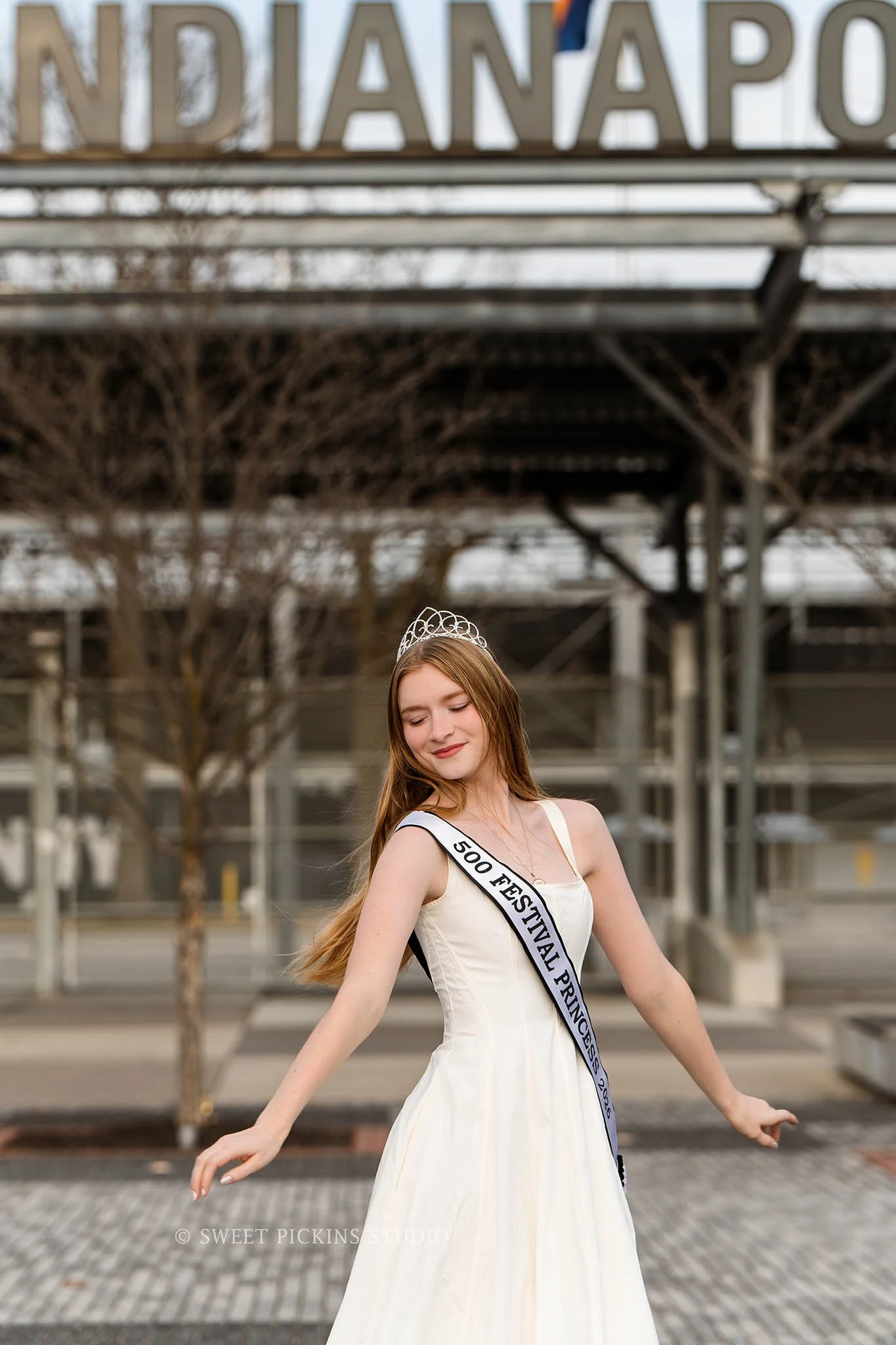Speedway, Indiana Portrait Photography for Indy 500 Princess at Indianapolis Motor Speedway racetrack wearing tiara and sash by Sweet Pickins Studio photographer Amanda Wilson ©
